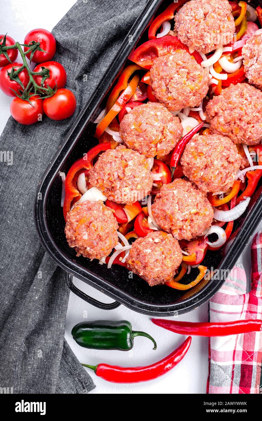 Homemade meatballs with sauce. Minced meat and vegetables Stock Photo