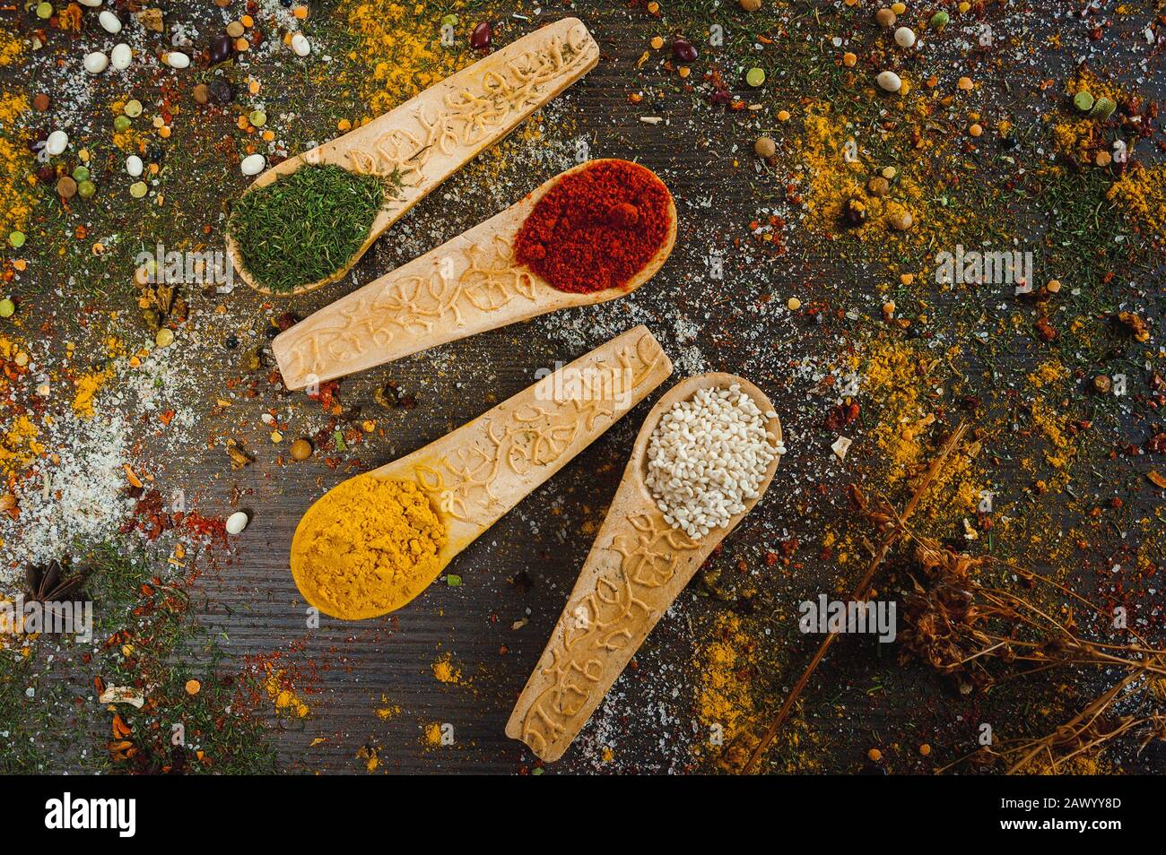 Spices and herbs in white ceramic bowls. Food and cuisine ingredients
