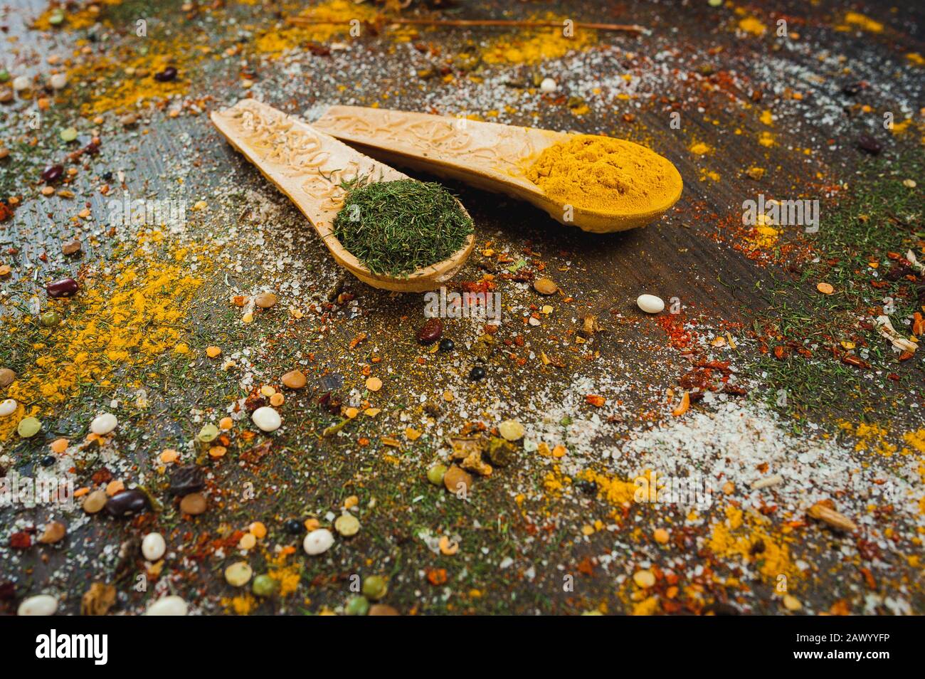 Spices and herbs in white ceramic bowls. Food and cuisine ingredients