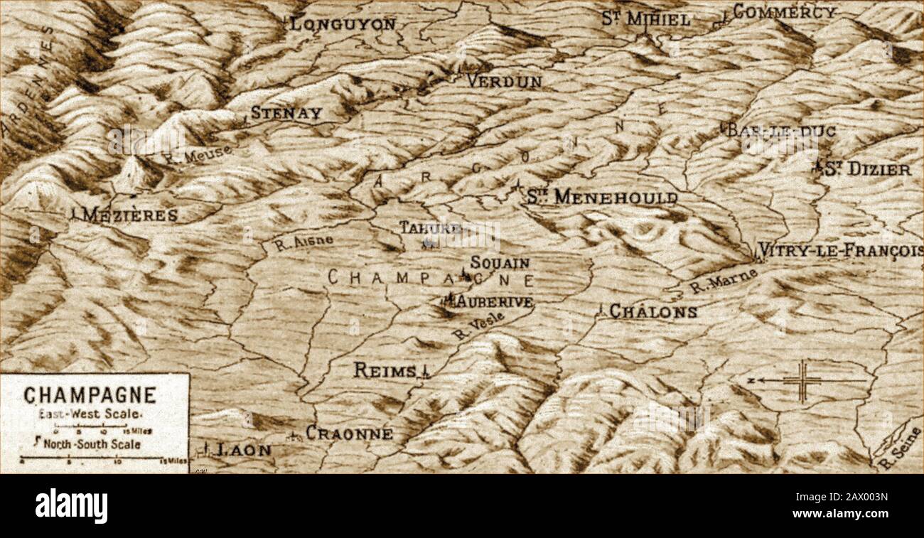 An early relief map showing the principal places involved in the WWI  Battle of Champagne Stock Photo