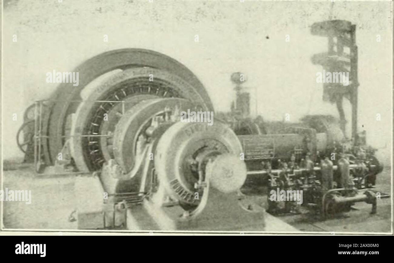 Chemical engineering . Witkowitz. Thiscoke oven gas motor operatesa 150-kw. three-phase genera-tor by direct connection at aspeed of 160 r. p. m. The gasengine was constructed byBreitfeld, Danek & Co., ofPrag-Karolinenthel, Austria,Hungary, and the three-phasealternator by Ganz & Co., ofBudapest-Leubersdorfs, the fre-quency being 50 periods persecond, and the pressure 575volts. The earlier electric stationsoperated by gas engines sup-plied with producer gas werenot of the direct-connected type,but were belted to the dynamos as at tlie gas engine electricpower plant at Uster, near Zurich, Switz Stock Photo