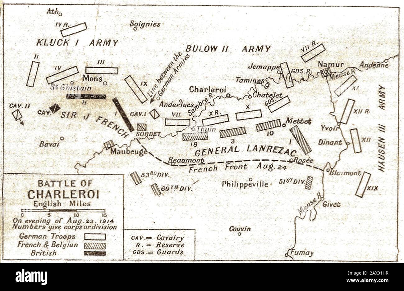 An old plan of the Battle of Charleroi  (Charleroi - Mons) - August 23rd 1914 (WWI) between armies of Britain, France & Germany Stock Photo