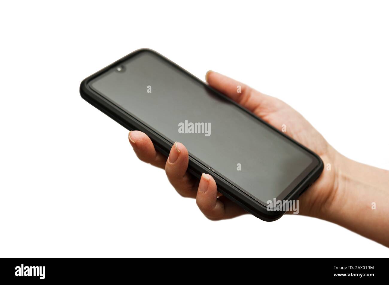 woman hand holding a modern smartphone with blank screen, isolated Stock Photo