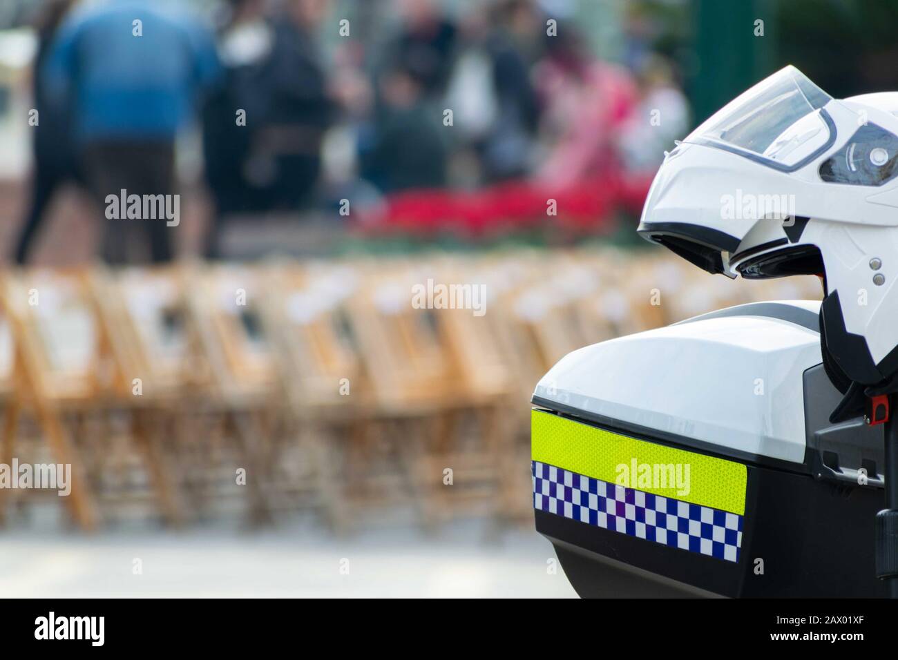 Closeup shot of the helmet of a police officer with a blurry background Stock Photo