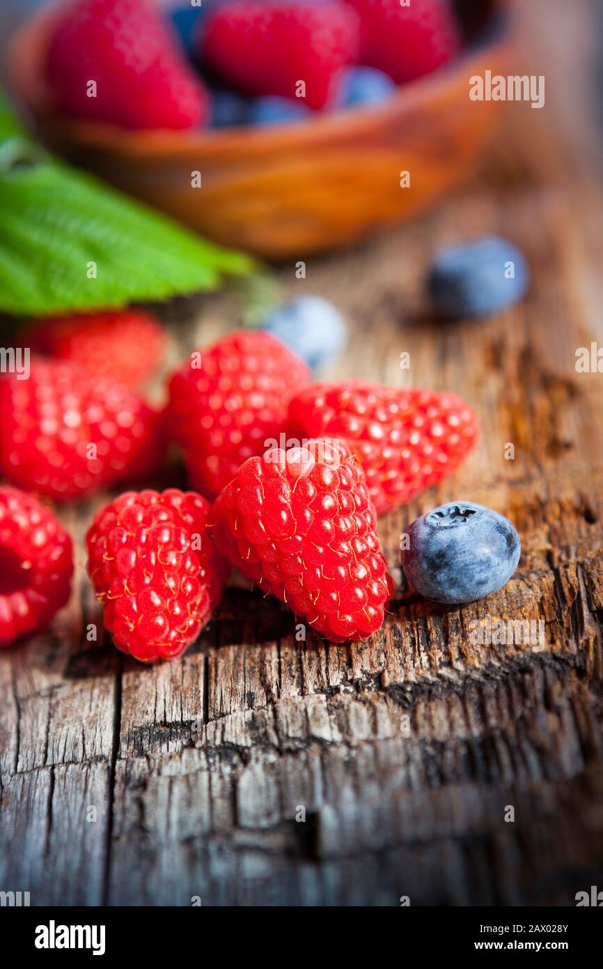 composition with blueberries and raspberries Stock Photo