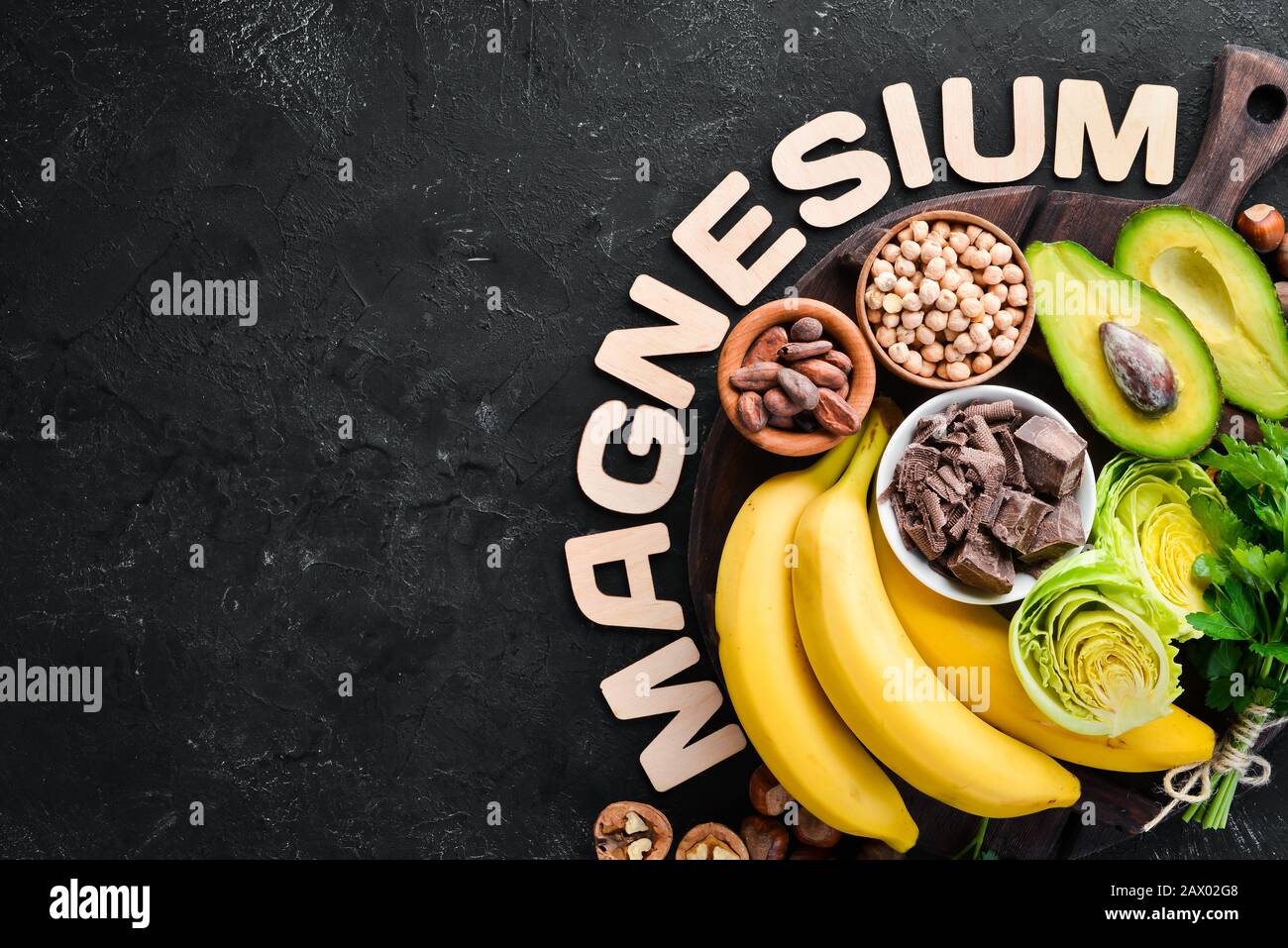 Foods containing natural magnesium. Mg Chocolate, banana, cocoa, nuts