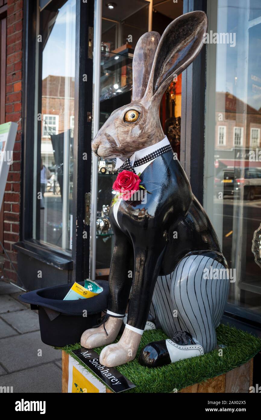 Large decorative  model hare dressed in 'morning coat' and bow tie, part of a charity initiative in Haslemere Stock Photo