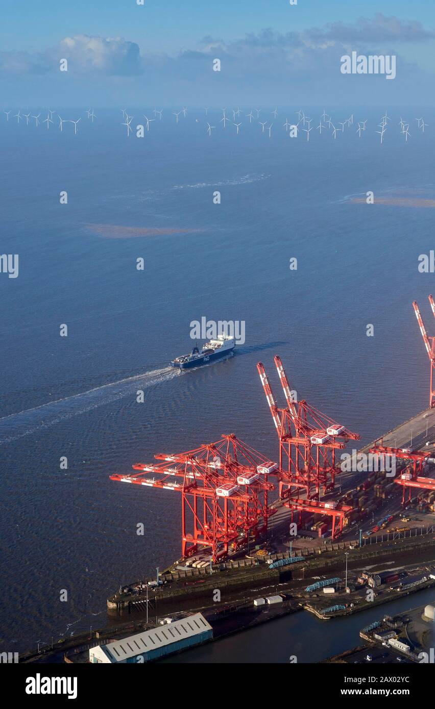 Aerial view of Ferry leaving liverpool, Merseyside, North West England, UK Stock Photo