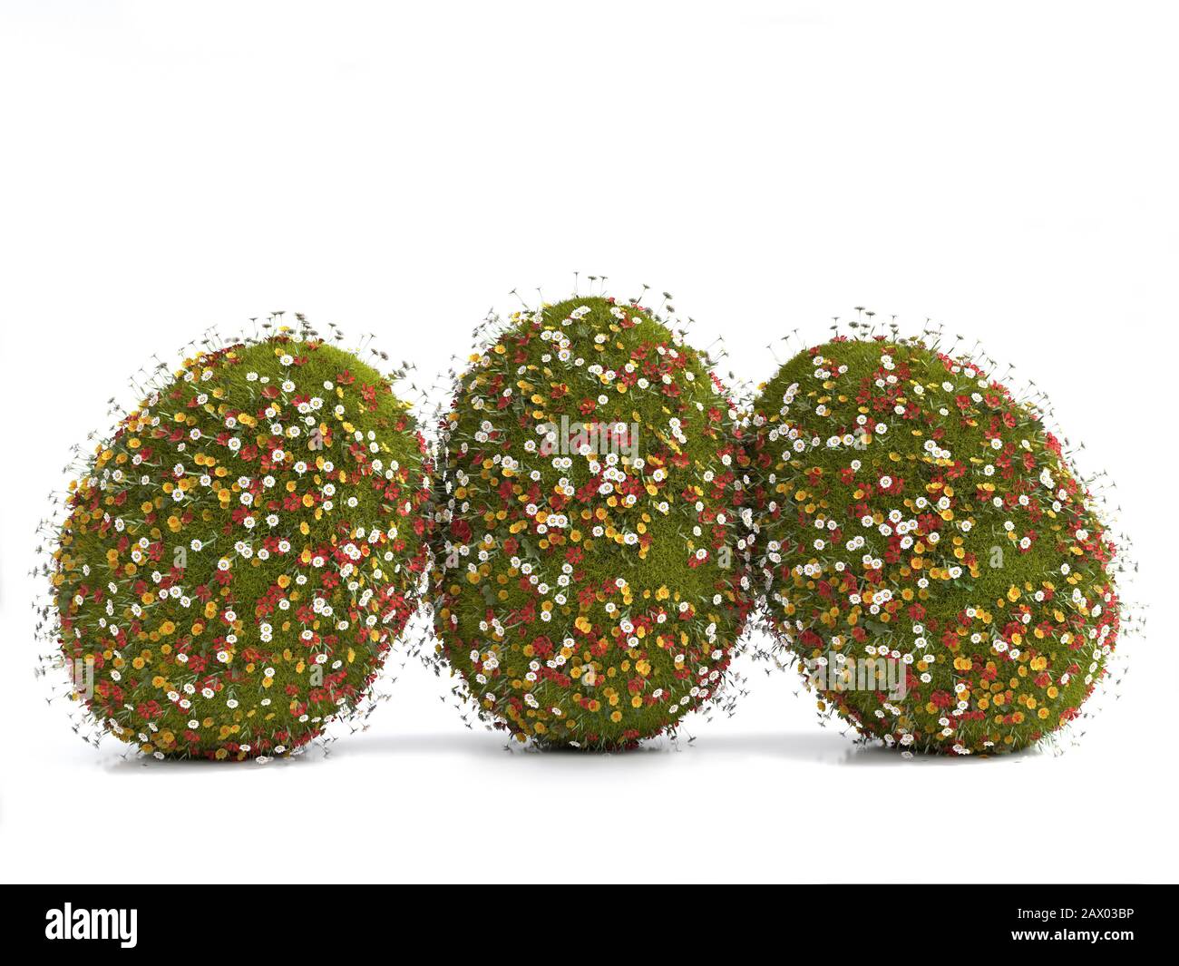 3D rendering of three Easter eggs covered with grass and spring flowers on white background Stock Photo