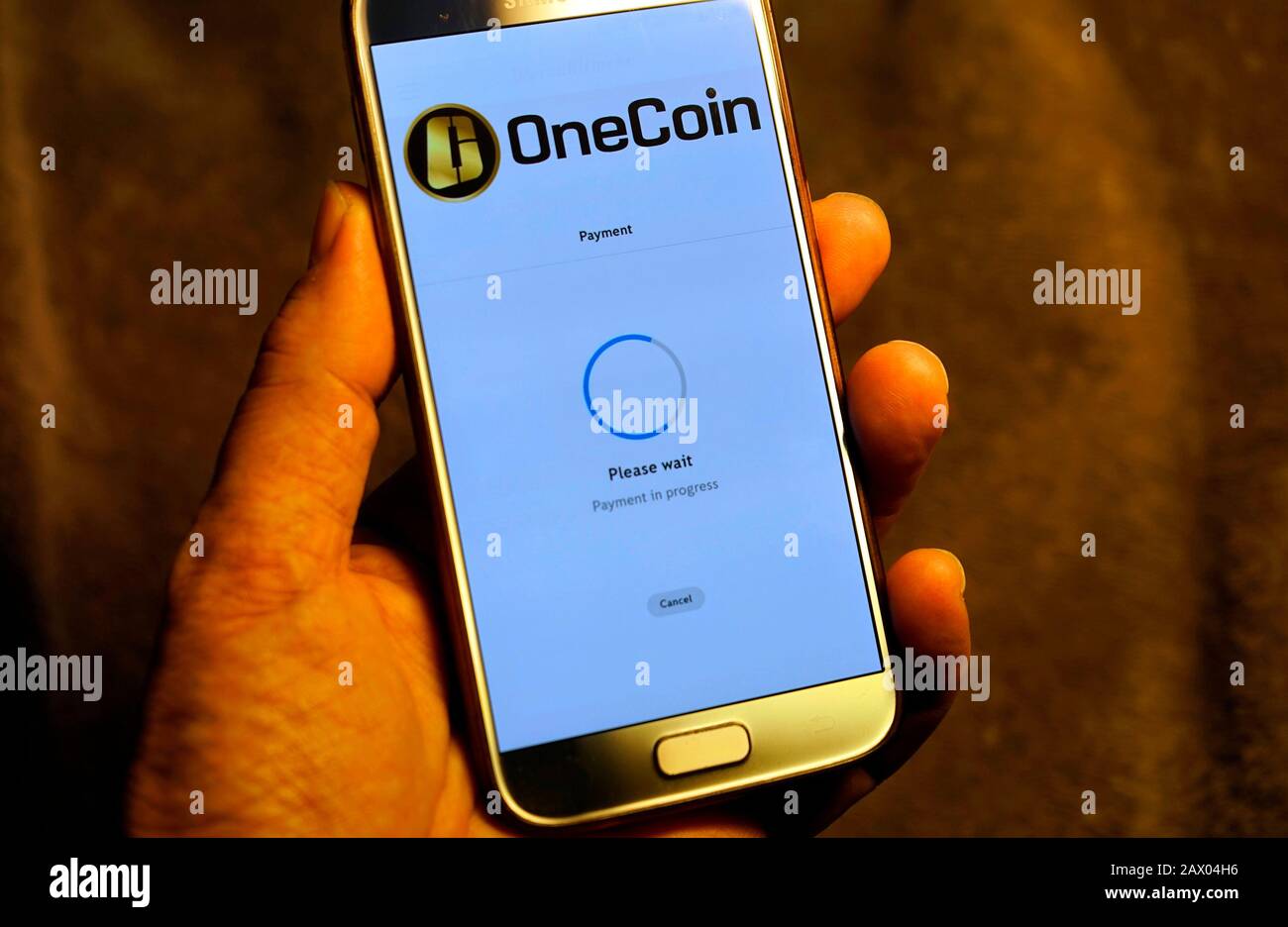 das Logo der Kryptowaehrung 'Onecoin'. Laut US-Behoerden handelt es sich bei dem Unternehmen um ein betruegrisches Schneeballsystem, bei dem Anleger w Stock Photo