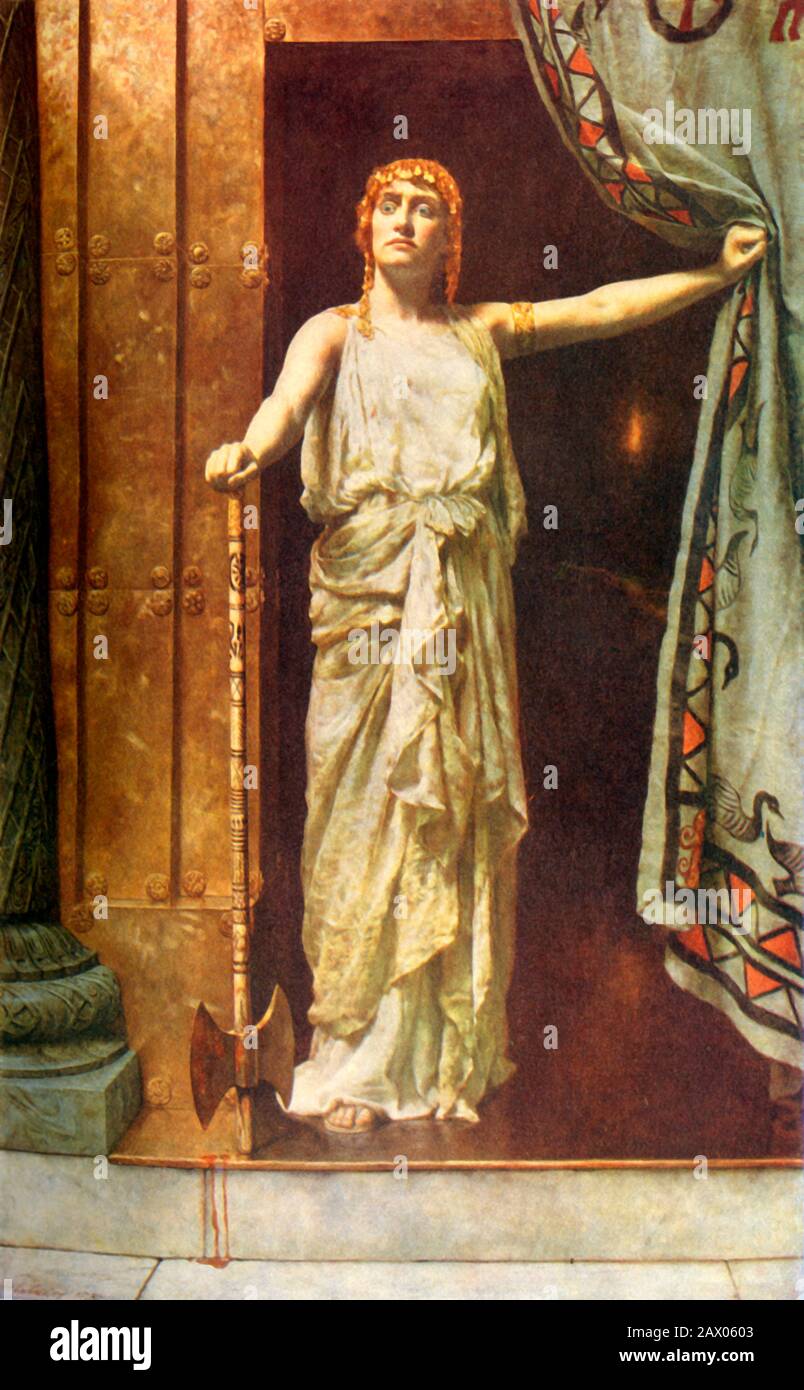 'Clytemnestra', 1882, (c1915). In Greek mythology, Clytemnestra with a blood stained axe moments after the murder of Cassandra. Oil on canvas held at Guildhall Art Gallery, London. From &quot;Classic Myth and Legend&quot;, by A. R. Hope Moncrieff. [The Gresham Publishing Company Limited, London, ] Stock Photo