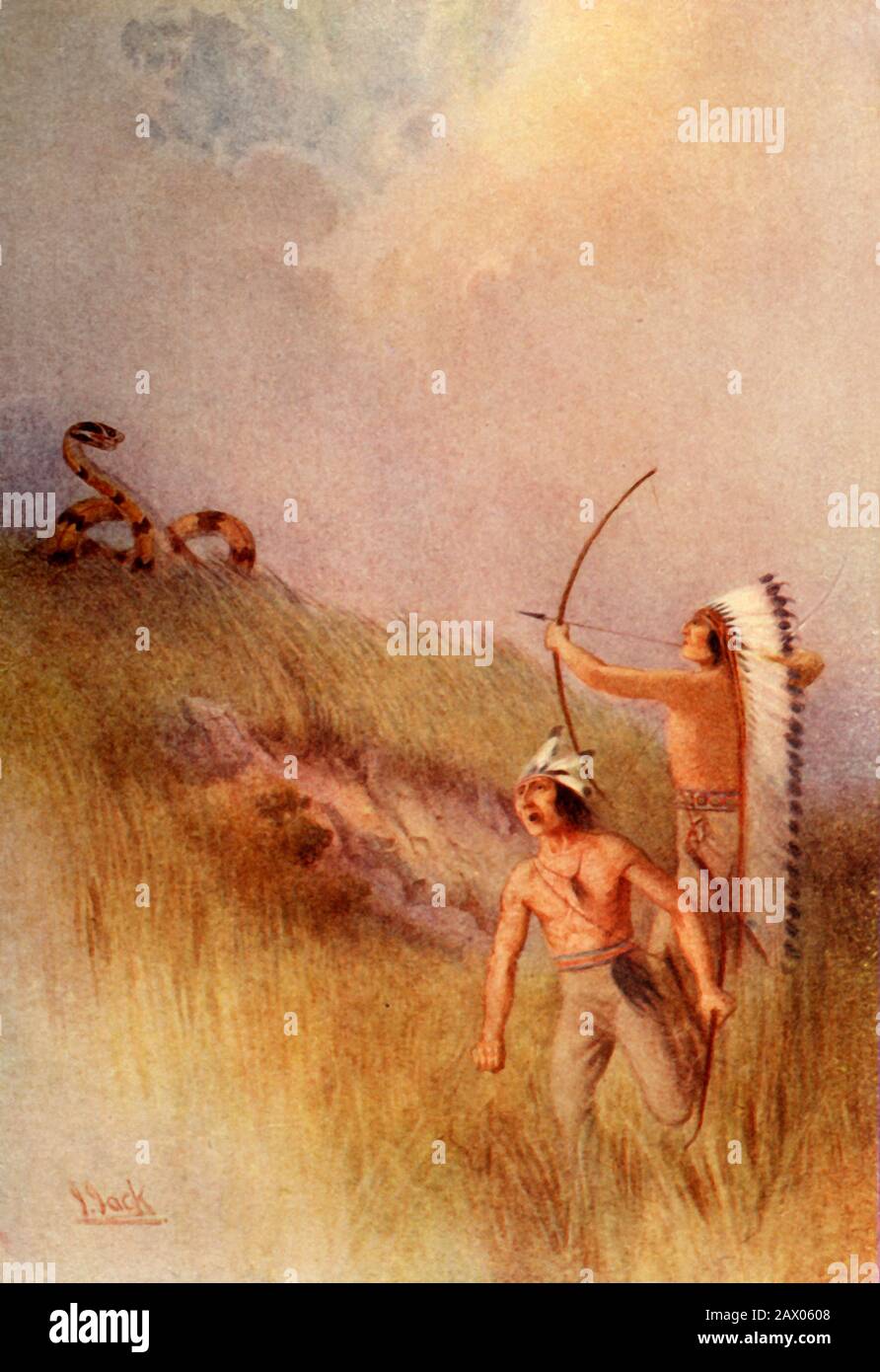 'The War-chief kills the Monster Rattlesnake', 1914. In Dakota legend, Indian braves believed a herd of buffalo were approaching, instead the chief shot a giant rattlesnake, they feasted on the carcass and turned into rattlesnakes themselves. From &quot;The Myths of the North American Indians&quot;, by Lewis Spence F.R.A.I. [George G. Harrap &amp; Co. Ltd, London, Calcutta, Sydney, 1914] Stock Photo