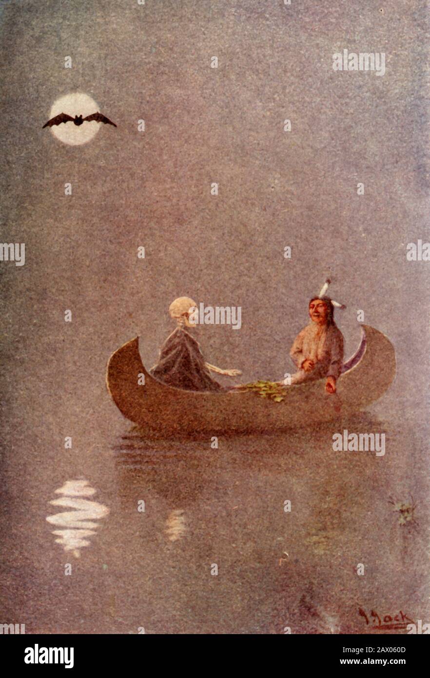 'A Fishing Expedition in Shadow-land', 1914. In Chinook legend, Blue Jay is sent fishing with his brother-in-law who becomes a heap of bones whenever Blue Jay speaks in a loud voice. From &quot;The Myths of the North American Indians&quot;, by Lewis Spence F.R.A.I. [George G. Harrap &amp; Co. Ltd, London, Calcutta, Sydney, 1914] Stock Photo