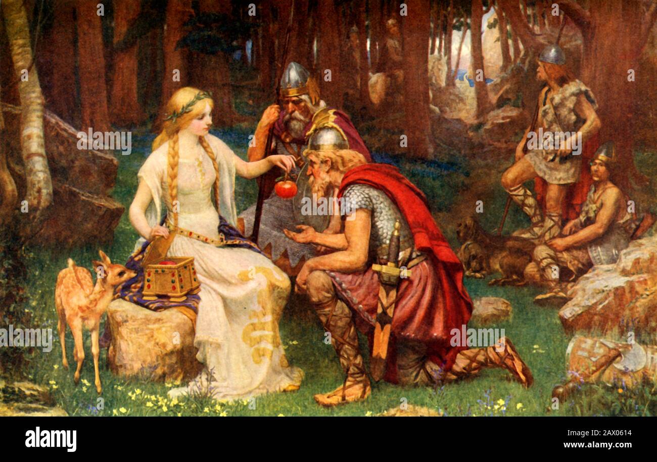 'Idun and the Apples', 1912. In Norse mythology, Idun is a goddess associated with apples and youth, Loki lures her into the forest where she is kidnapped by Pjazi in the form of an eagle.  From &quot;Teutonic Myth and Legend&quot;, by Donald A. Mackenzie. [The Gresham Publishing Company, London, 1912] Stock Photo