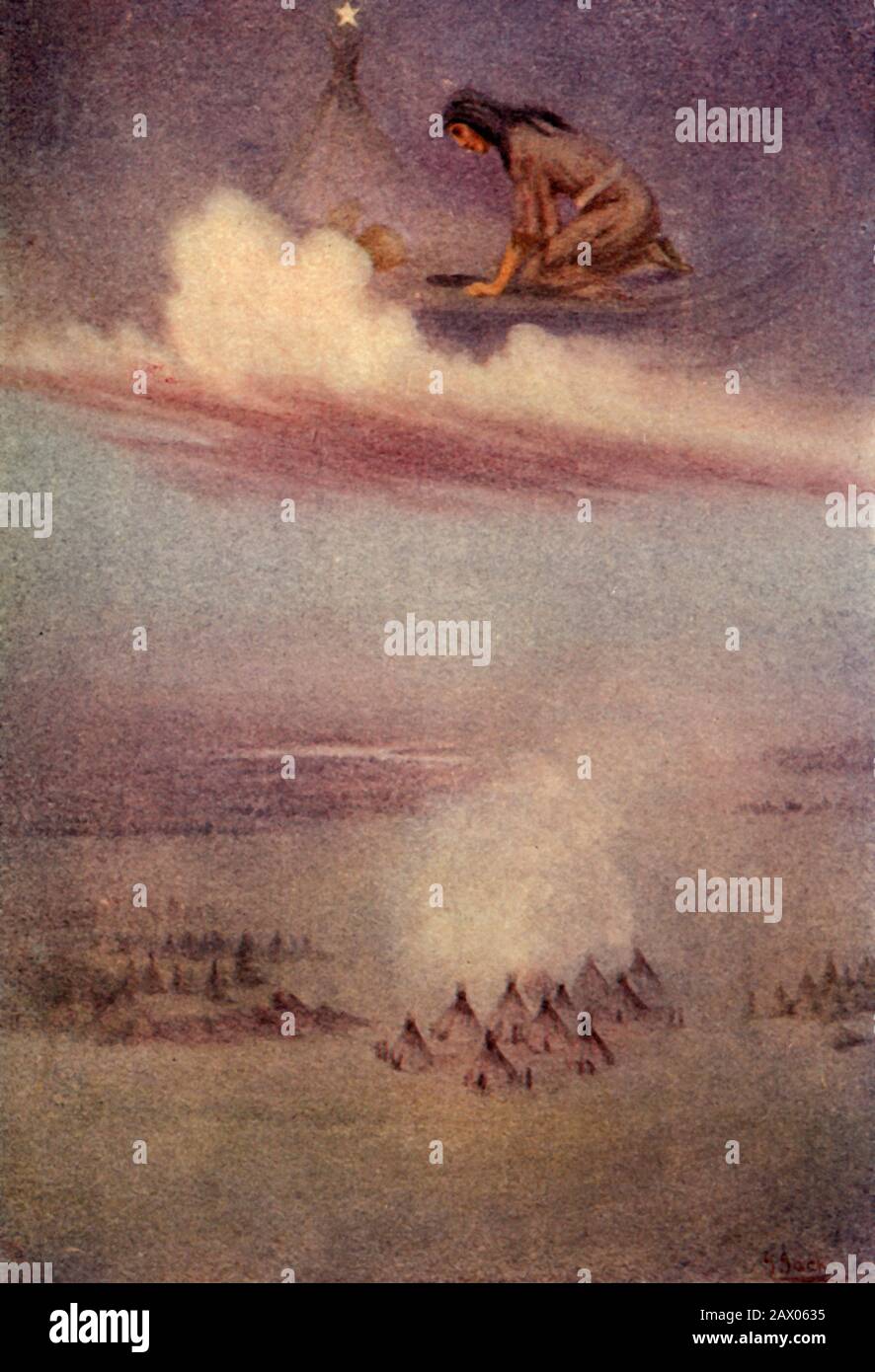 &quot;Gazing downward, she saw the camp of the Blackfeet&quot;', 1914.  Soatsaki of the Blackfoot tribe dug up the sacred turnip and became homesick for her tribe, then being returned to Earth by Morning Star. From &quot;The Myths of the North American Indians&quot;, by Lewis Spence F.R.A.I. [George G. Harrap &amp; Co. Ltd, London, Calcutta, Sydney, 1914] Stock Photo