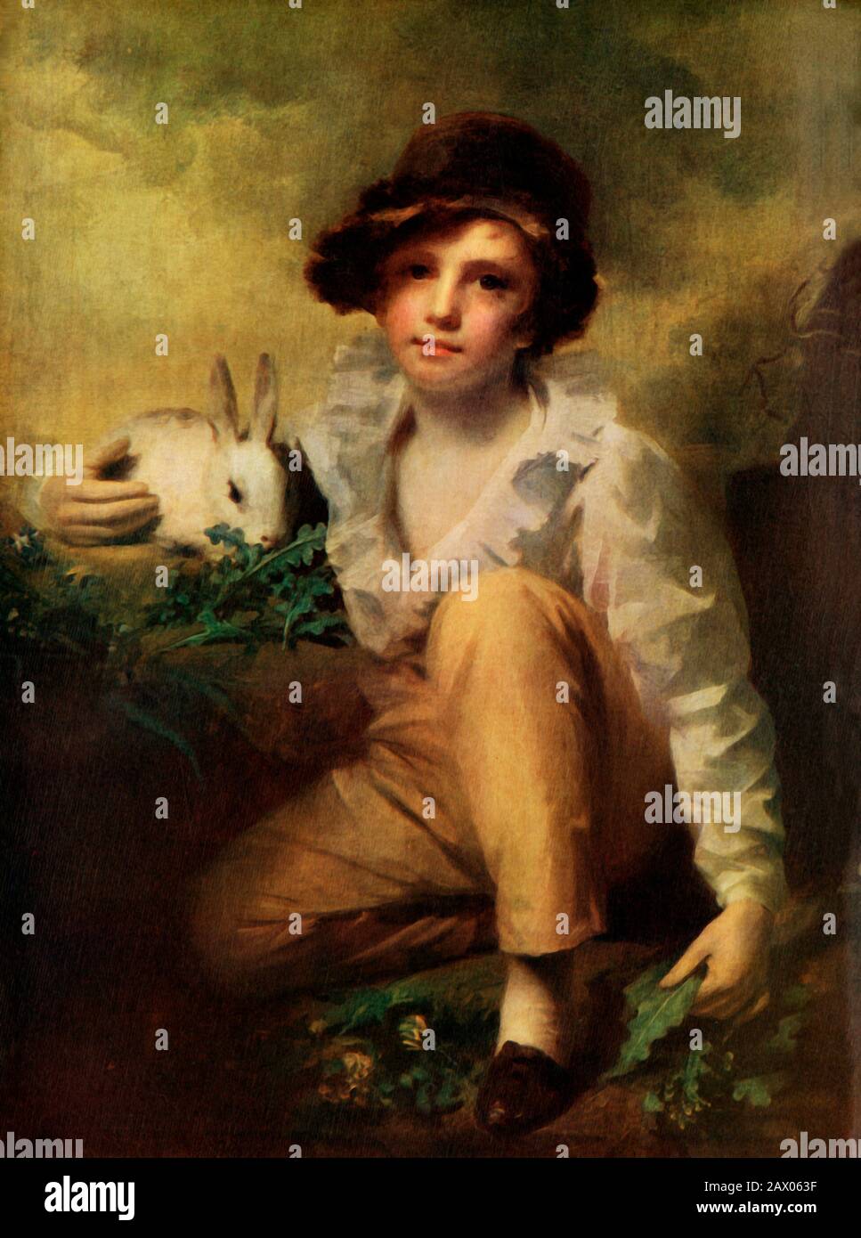 'Boy with Rabbit', c1814, (1924). Henry Raeburn Inglis, godson and step-grandson of the artist is show with a protective arm round a rabbit. OIl on canvas. From &quot;Henry Raeburn - Cassell's Gems of Art&quot;, by T.C.F. Brotchie. [Cassell &amp; Company, Limited, London, 1924] Stock Photo