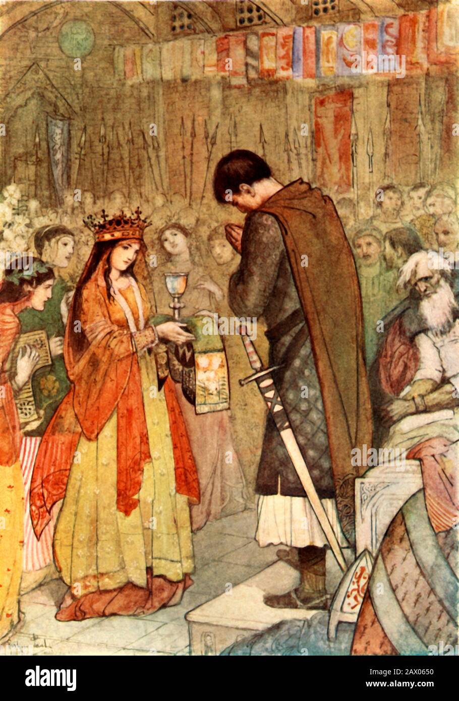 'Parzival prays for Guidance', 1919. Medieval romance written by the knight-poet Wolfram von Eschenbach in Middle High German. The poem, commonly dated to the first quarter of the 13th century,  From &quot;Myths &amp; Legends of the Middle Ages&quot;, by H. A. Guerber. [George G. Harrap &amp; Company Ltd, London, 1919] Stock Photo