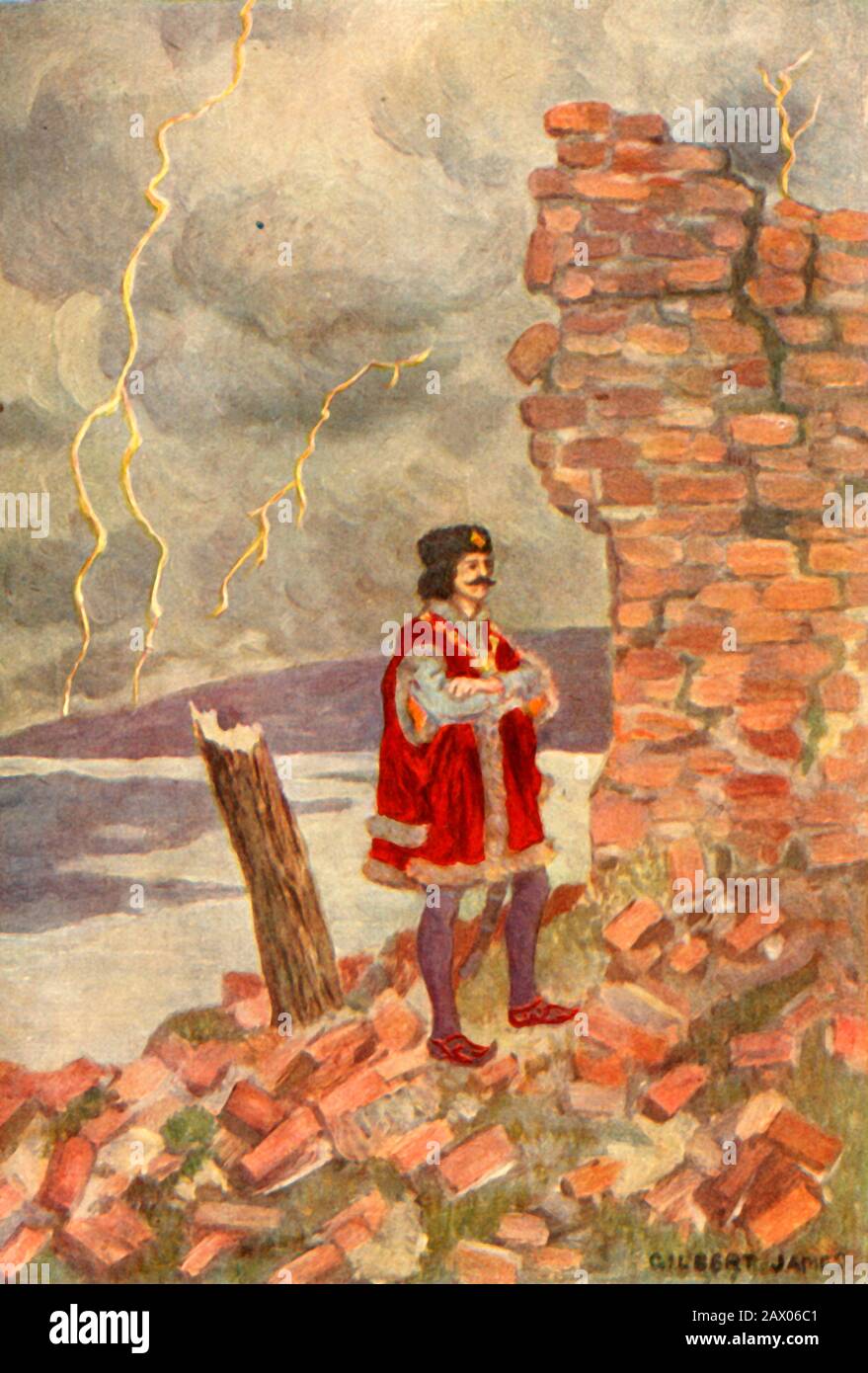 'A tower had struck Maximus without doing him serious hurt', 1917. Yovan recounts a dream to Prince Ivan of a great storm and a tower struck by thunderbolt. From &quot;Hero Tales and Legends of the Serbian', by Woislav M. Petrovitch. [George G. Harrap &amp; Company, London, 1917] Stock Photo