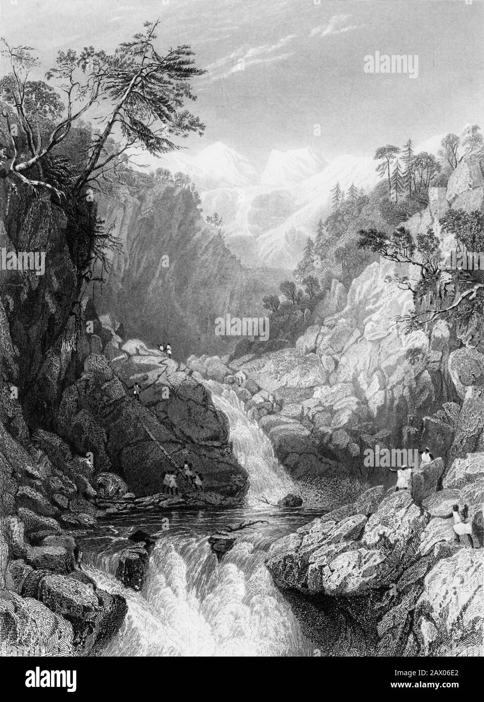 'View near the Source of the Jumna', 1838. From &quot;India - Scenery of the Himalaya Mountains&quot;, by Lieut. George Francis White, of the 31st Regt. [Fisher, Son &amp; Co., London &amp; Paris, 1838] Stock Photo