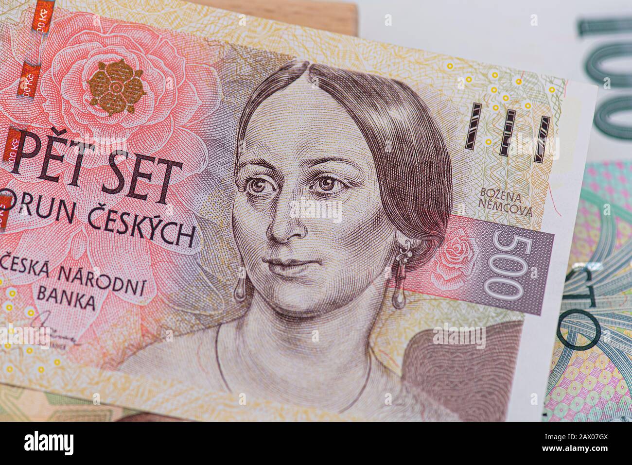 Close-up Czech Money , 500, 200, 100 Czech korun banknotes Stock Photo
