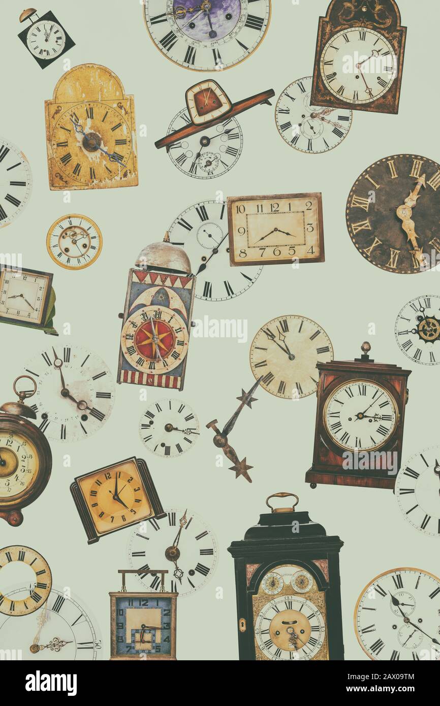 Retro styled collection of different vintage table clocks and clock faces Stock Photo