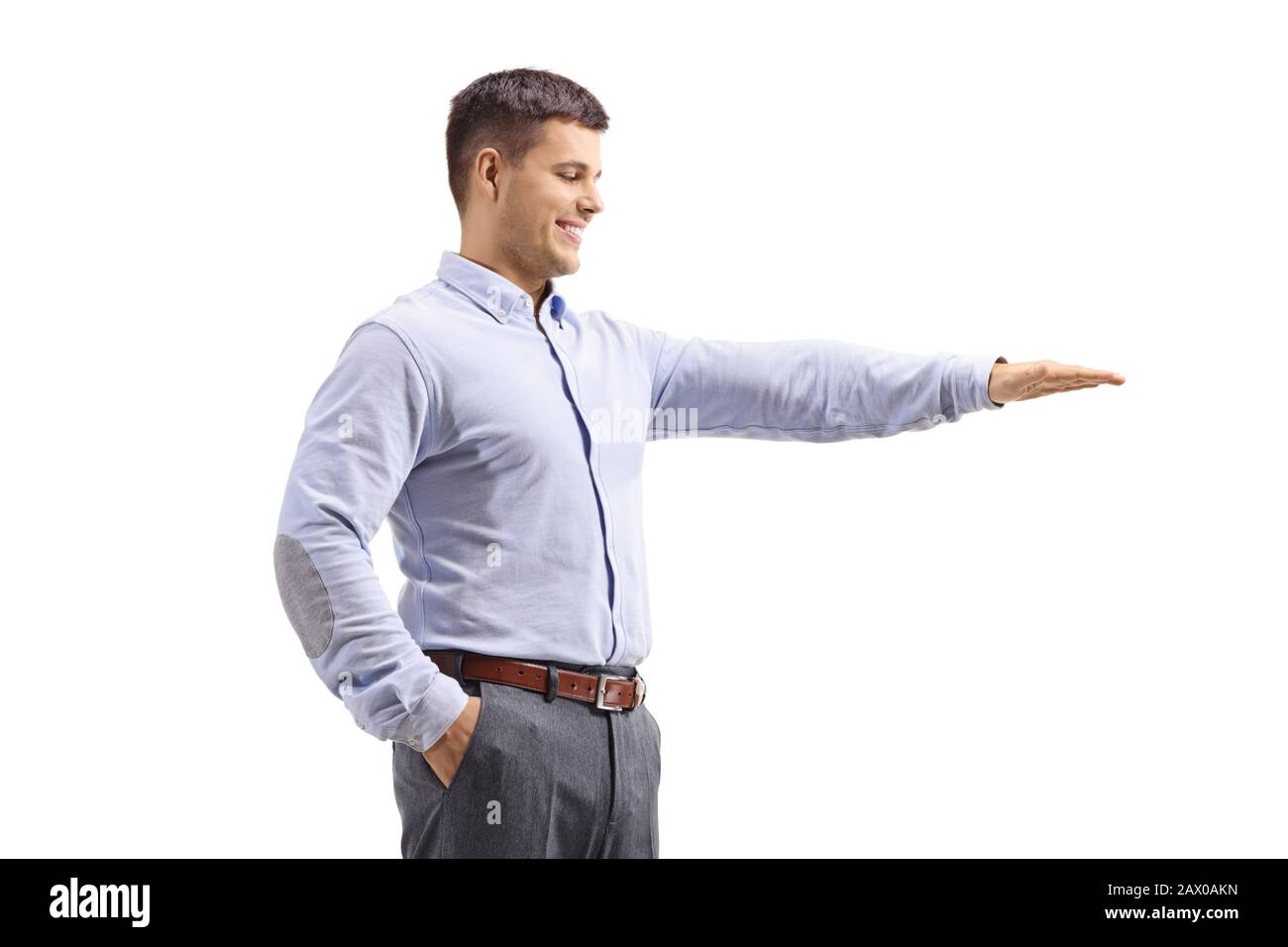Man gesturing with hand and showing the height of something isolated on white background Stock Photo