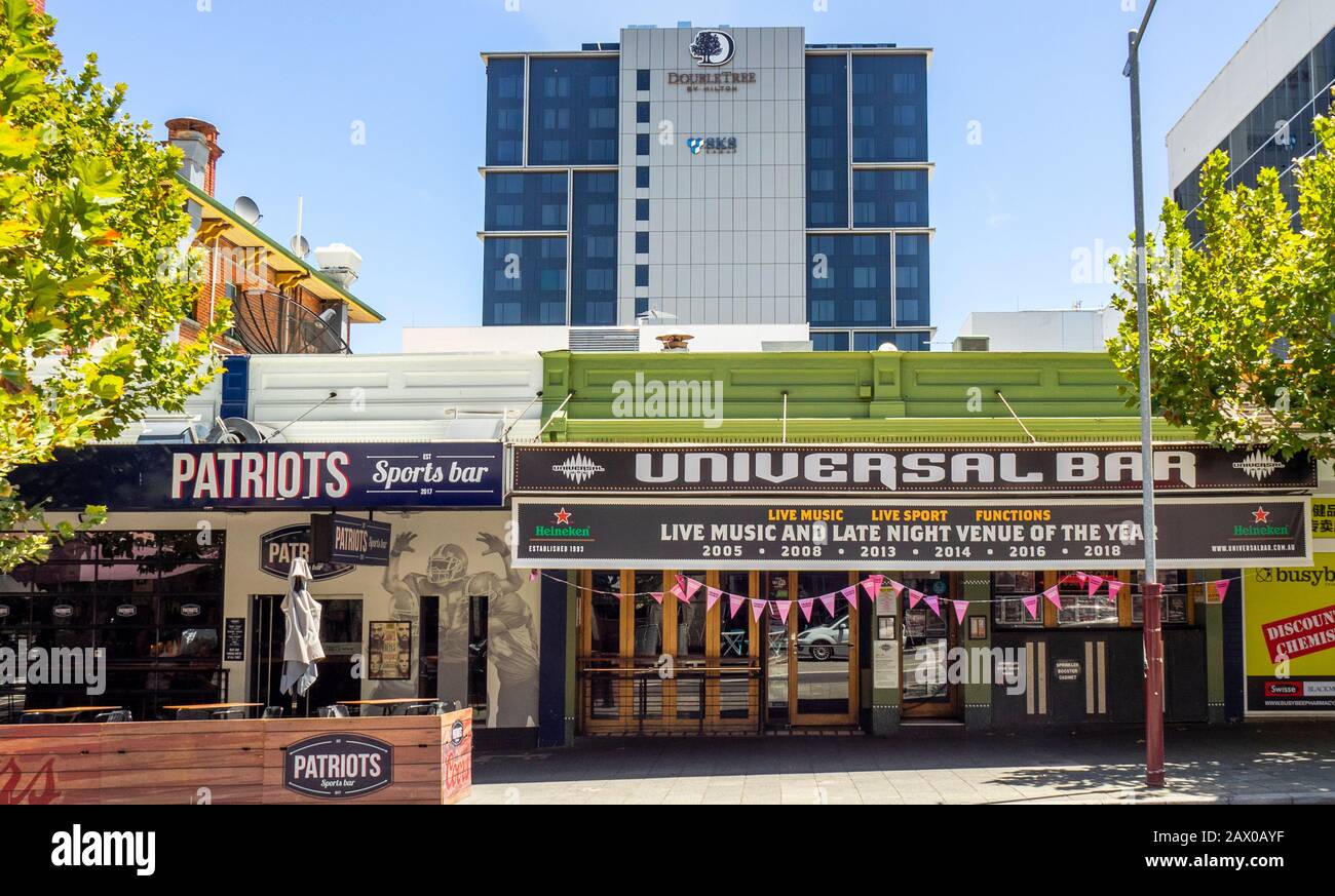 Patriots Sports Bar and Universal Bar on William Street and Double Tree by Hilton Hotel Northbridge Perth WA Australia. Stock Photo