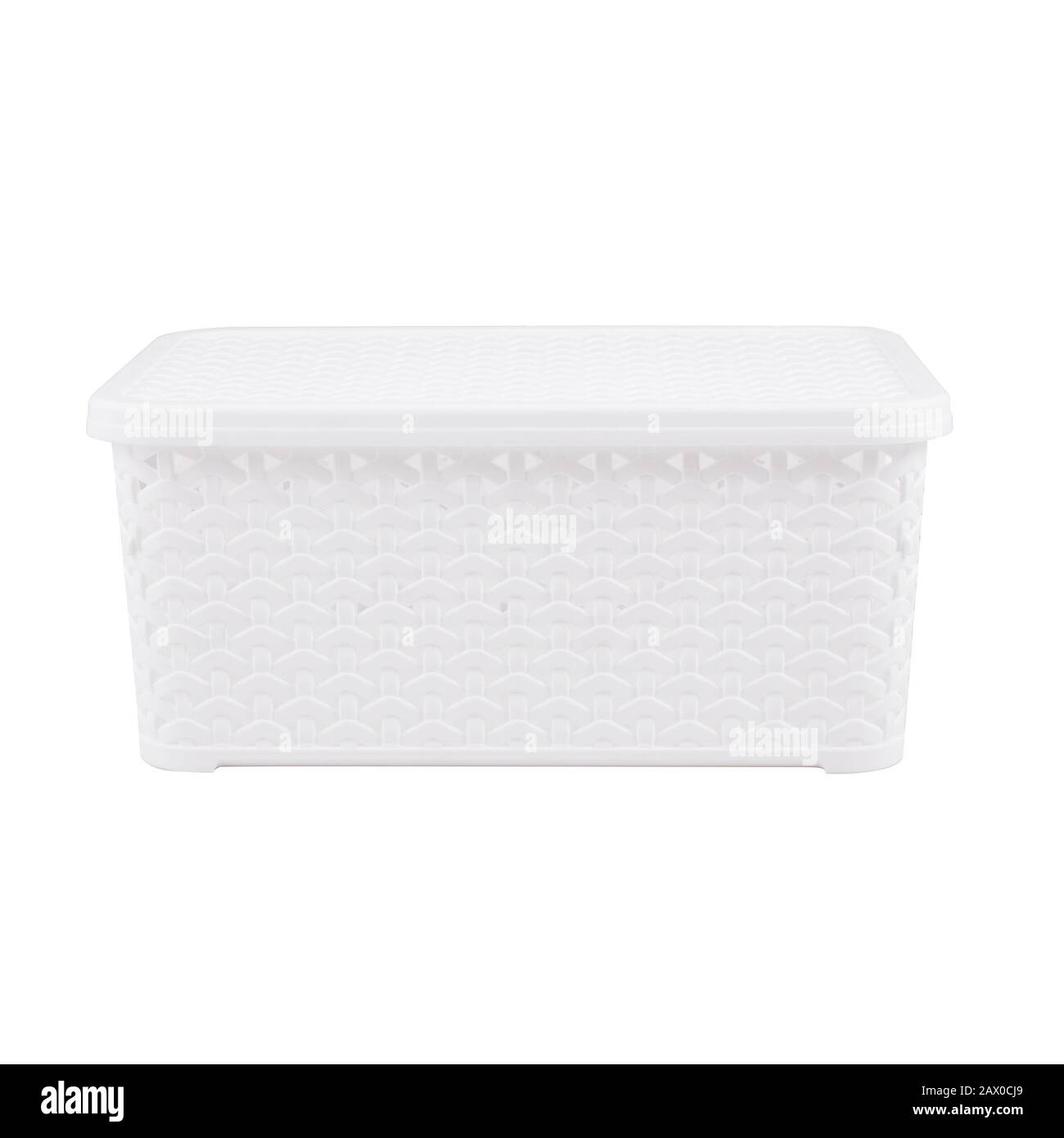 White rattan wicker basket with lid front view isolated on white ...