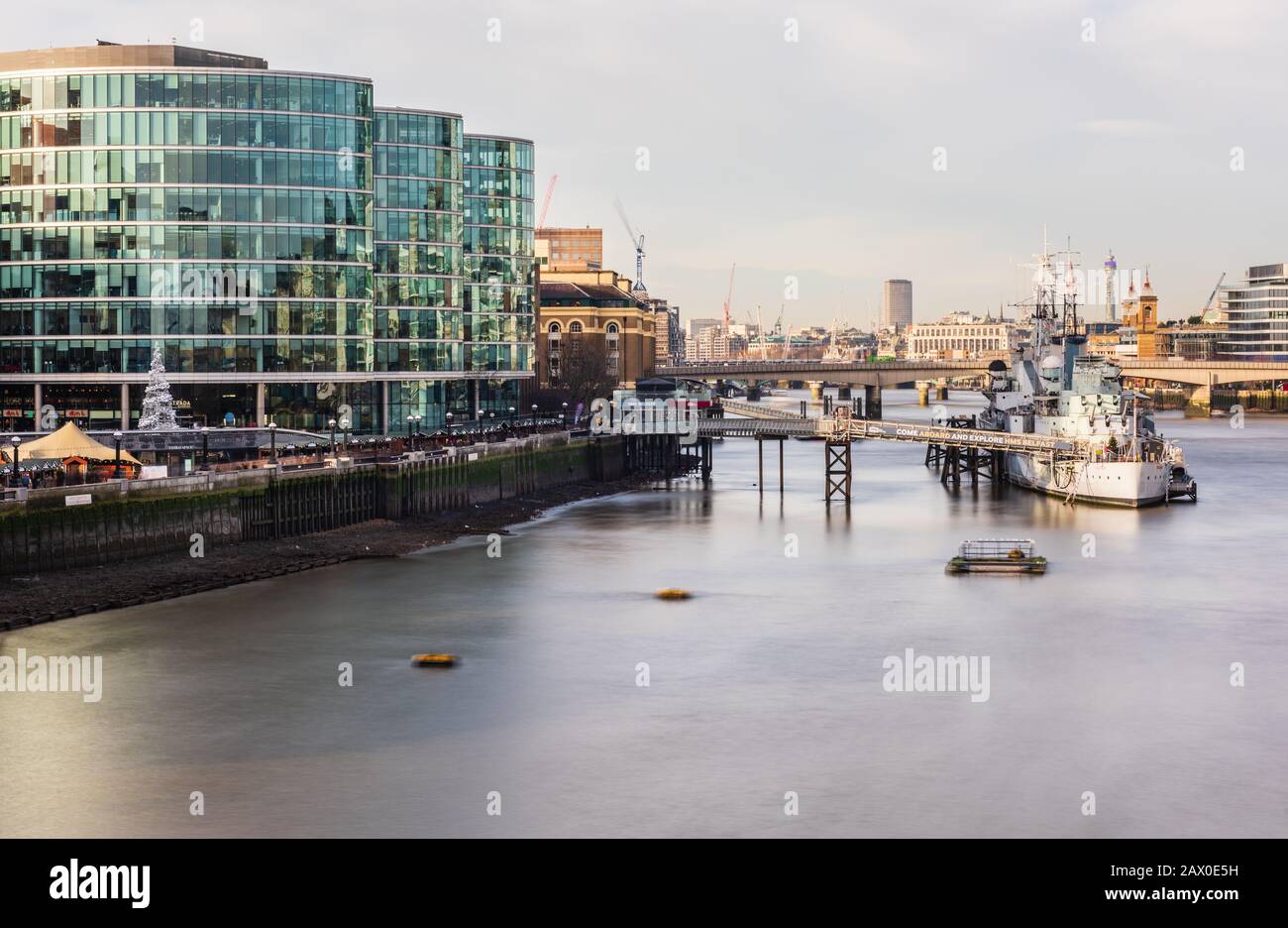 HMS Belfast on the River Thames in London Stock Photo