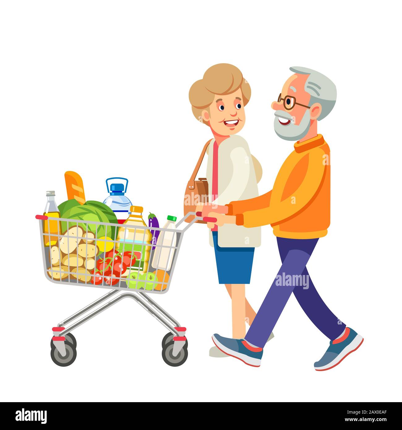 Happy old people shopping. Retired couple with shopping trolley with foods in the supermarket. Elderly man and woman at the grocery. Isolate on white Stock Vector