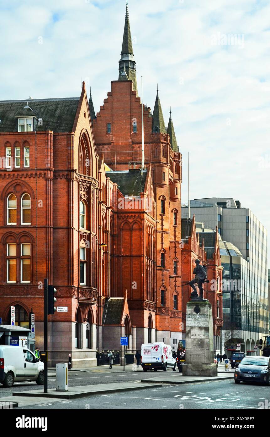 London, United Kingdom - January 19th 2016: Prudential Assurance headquarter building and war memorial for Royal Fusiliers on Holborn street Stock Photo