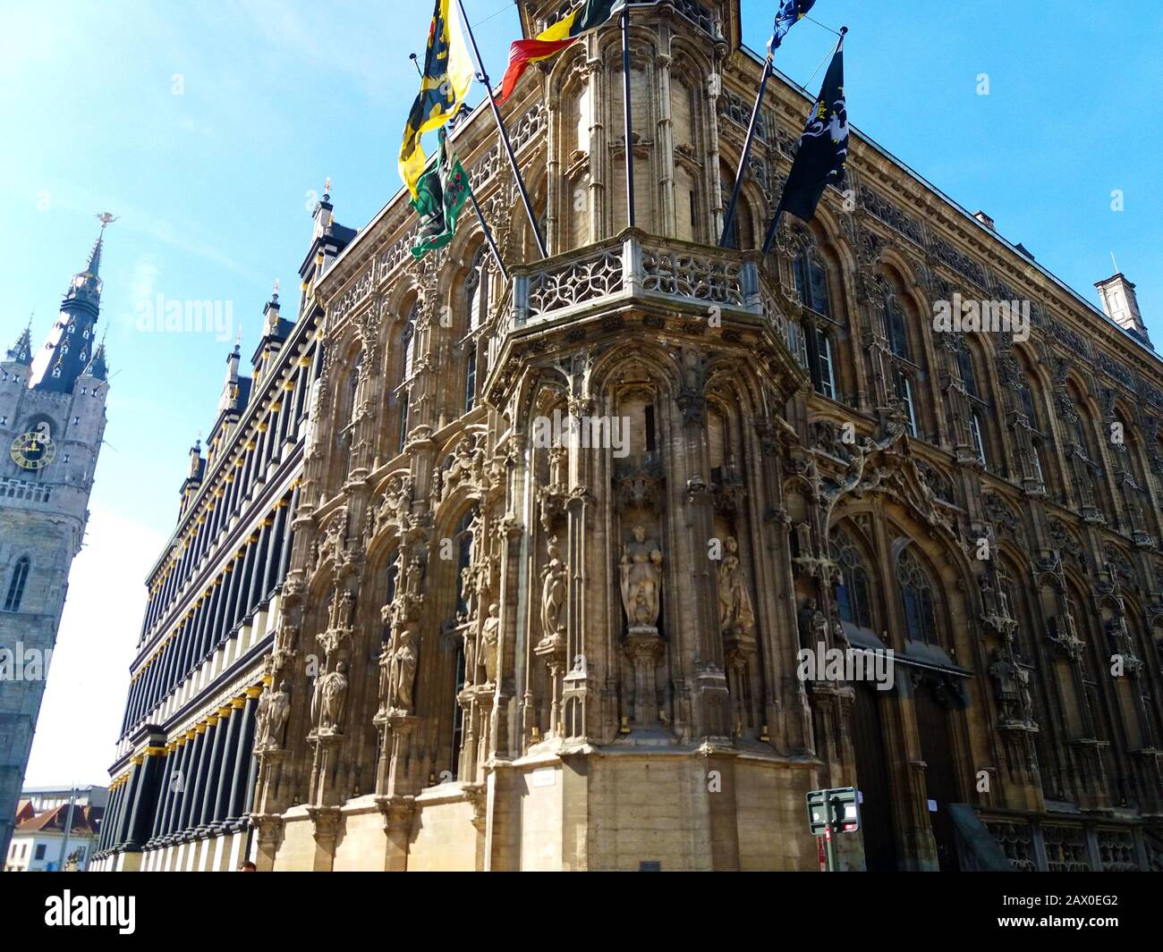 Architectural fragments of Stadhuis City Hall of Gent. Facade with ...