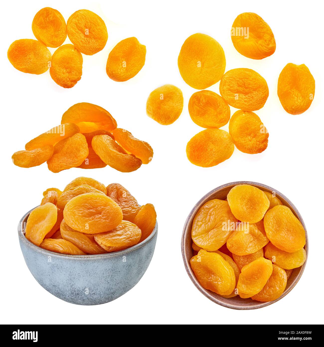 set of dried apricots with clipping patch on a white isolated