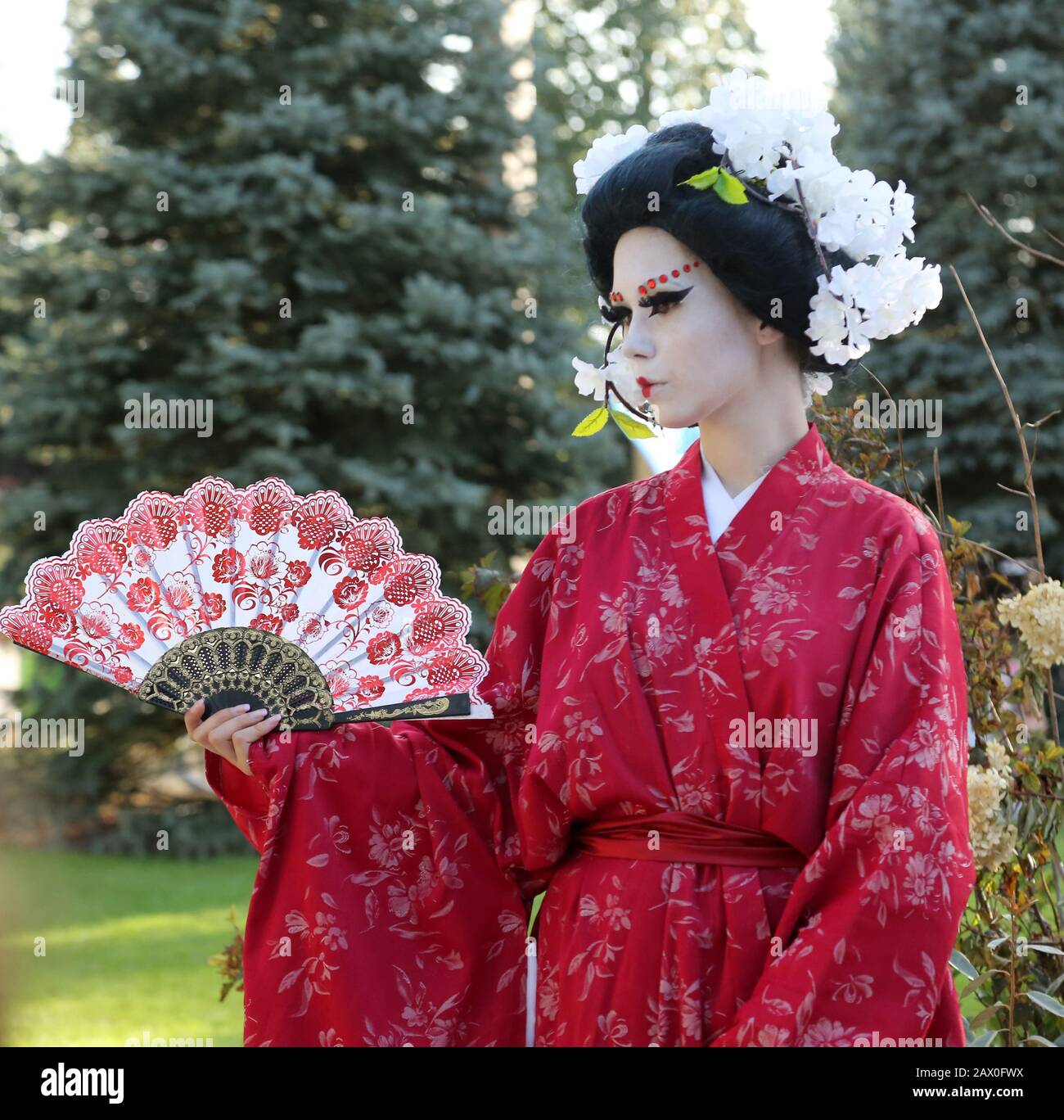 Timisoara, 09.06.2019 Living statue Japanese geisha. Woman dressed in kimono pose as a realistic human in a park Stock Photo - Alamy