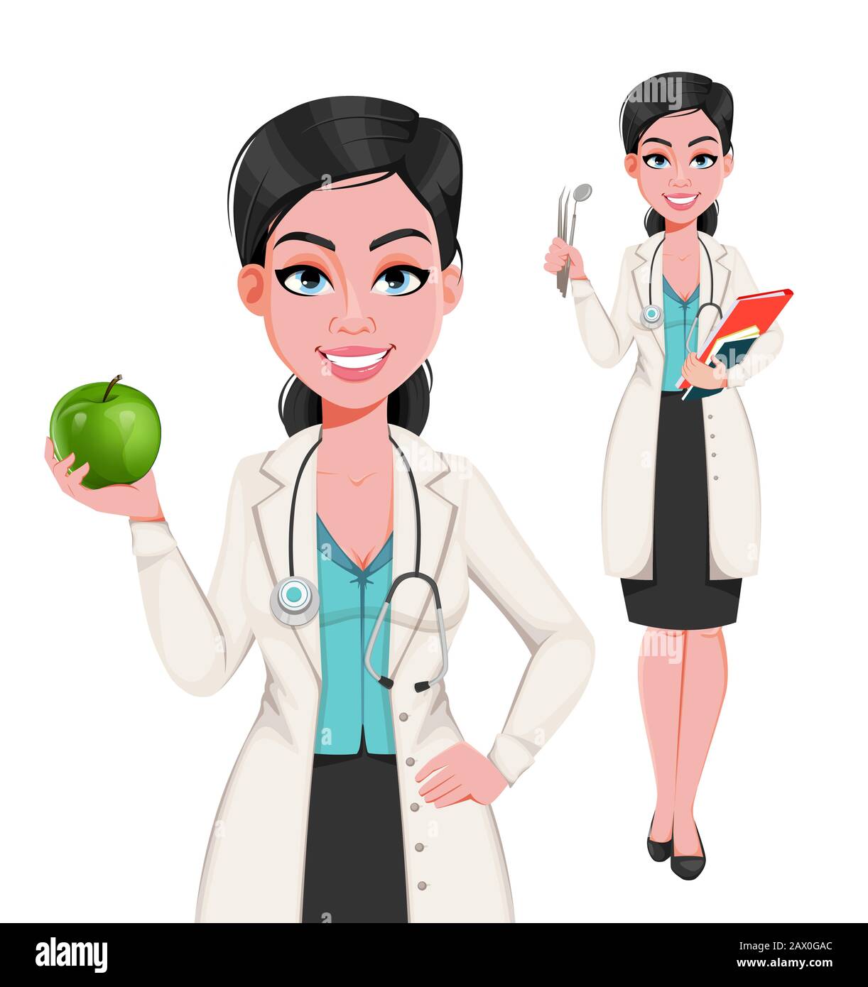 Dentist woman, set of two poses. Attractive confident female doctor cartoon character. Stock vector Stock Vector