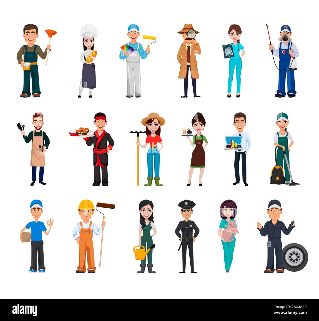 Set of 18 professions. People of different occupations, eighteen cartoon characters. Stock vector illustration Stock Vector