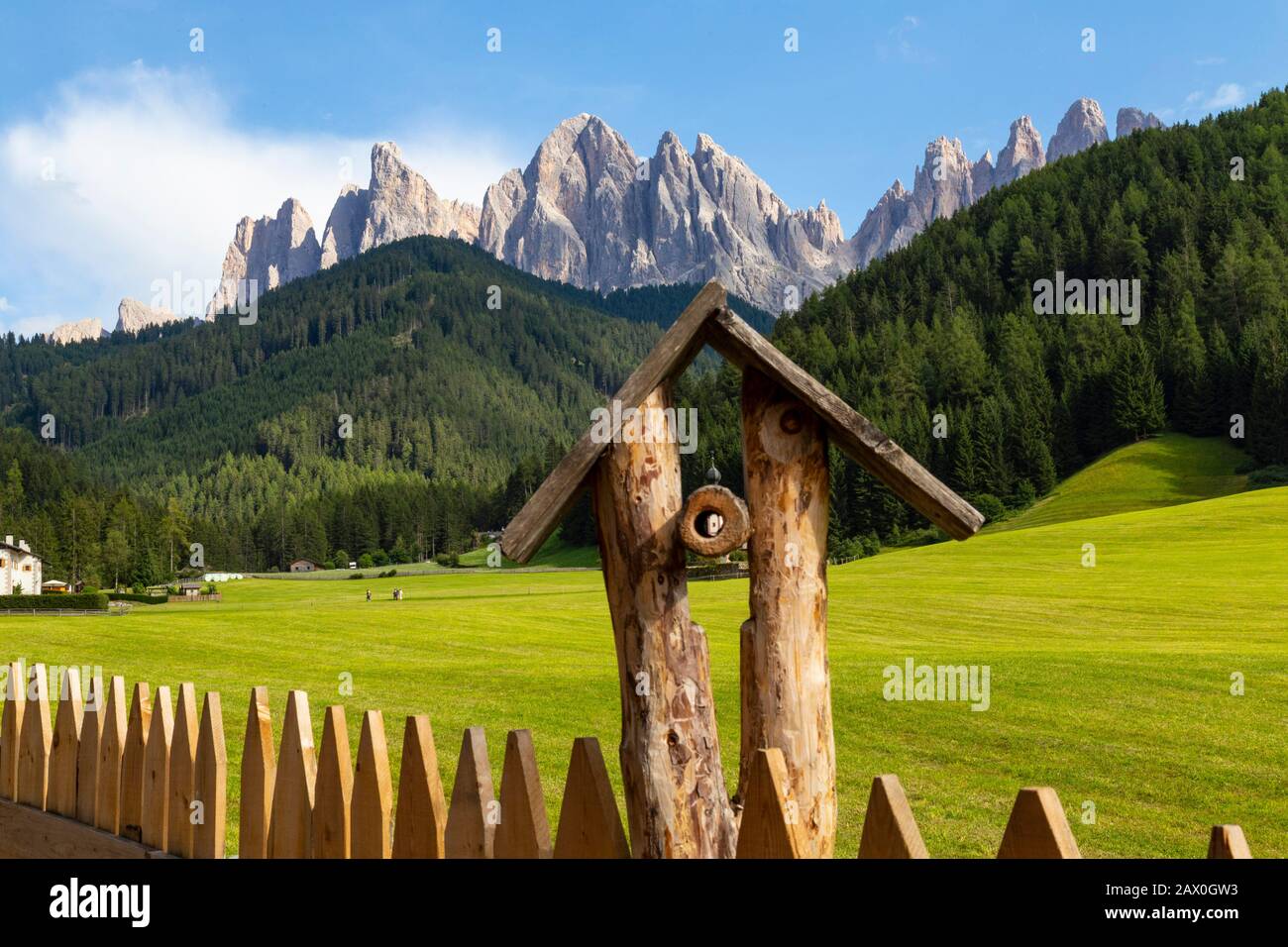 The mountainous area of Dolomites holds spectacular places like the Church of St Johann (also known as San Giovanni) in the Funes Valley. It is a smal Stock Photo