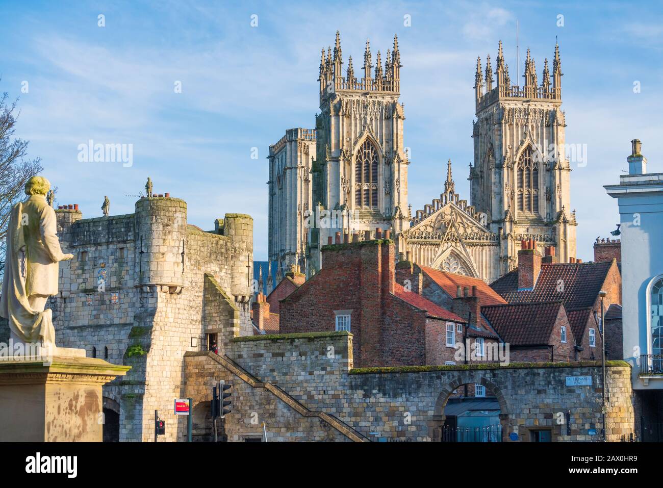 York Minster West Bell Towers, rooftops and Bootham Bar, St Leonards Place, York, UK. Stock Photo
