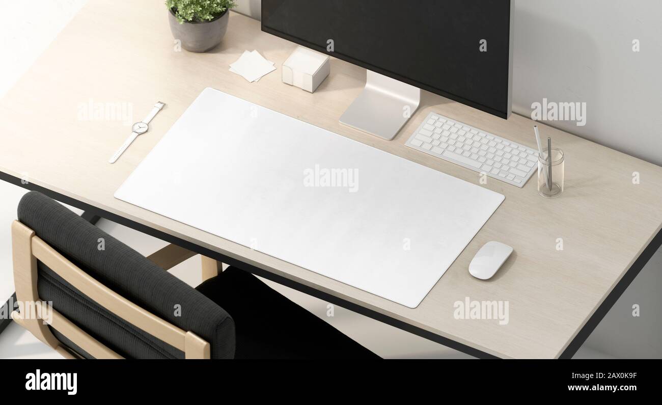 Blank White Desk Mat On Work Table Mockup Side View 3d Rendering