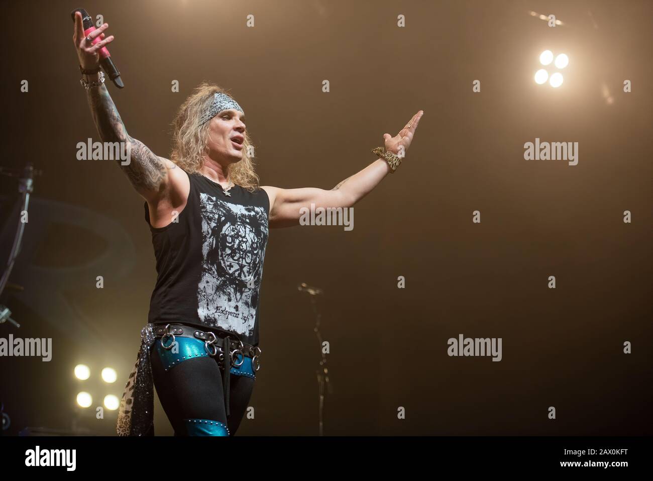 Manchester, UK. 09th February 20120. Michael Starr,  Satchel, Lexxi Foxx and Stix Zadinia of the band Steel Panther perform at the O2 Victoria Warehouse, Manchester on their  “ Heavy Metal Rules “ UK tour, Manchester 2019-02-09 . Credit:  Gary Mather/Alamy Live News Stock Photo