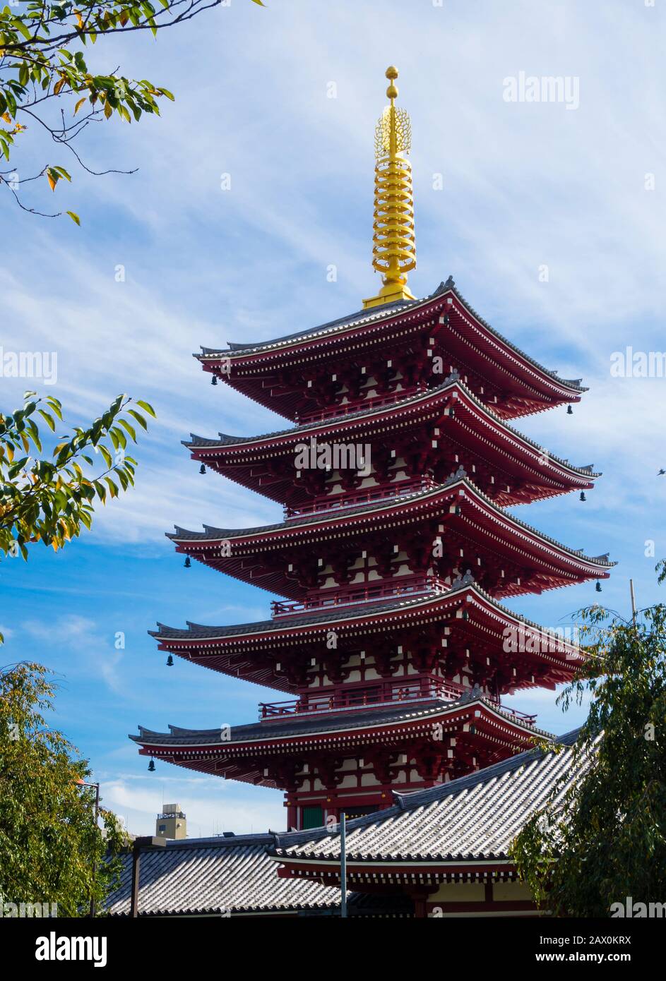 Tokyo, Japan - 10 Oct 2018: five-story Pagoda at the Sensoji Temple (also: Asakusa Kannon Temple) at Tokyo's Asakusa Shinto temple district. Stock Photo