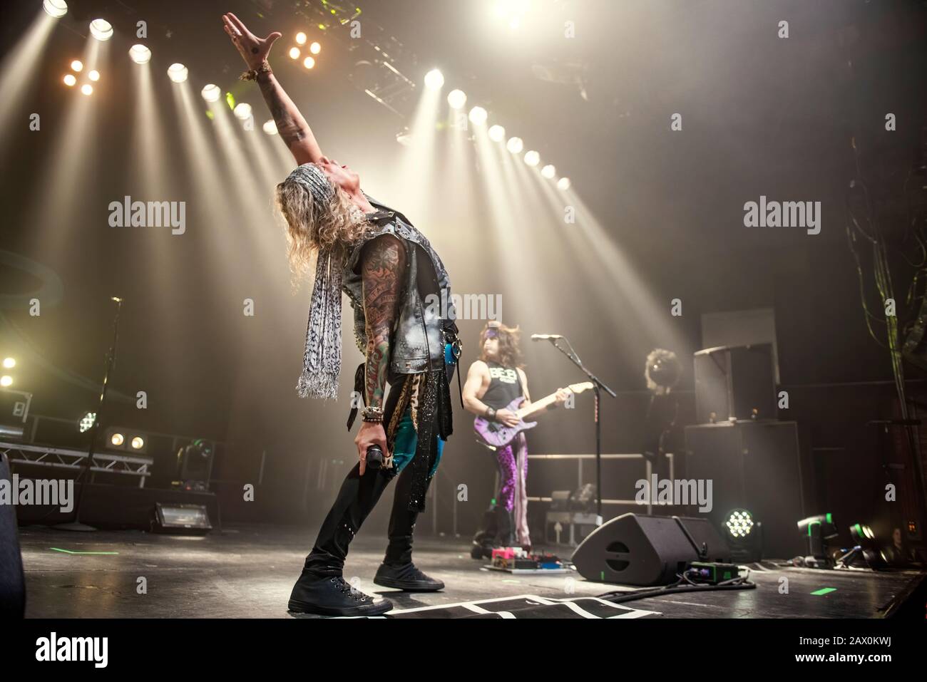 Manchester, UK. 09th February 20120. Michael Starr,  Satchel, Lexxi Foxx and Stix Zadinia of the band Steel Panther perform at the O2 Victoria Warehouse, Manchester on their  “ Heavy Metal Rules “ UK tour, Manchester 2019-02-09 . Credit:  Gary Mather/Alamy Live News Stock Photo