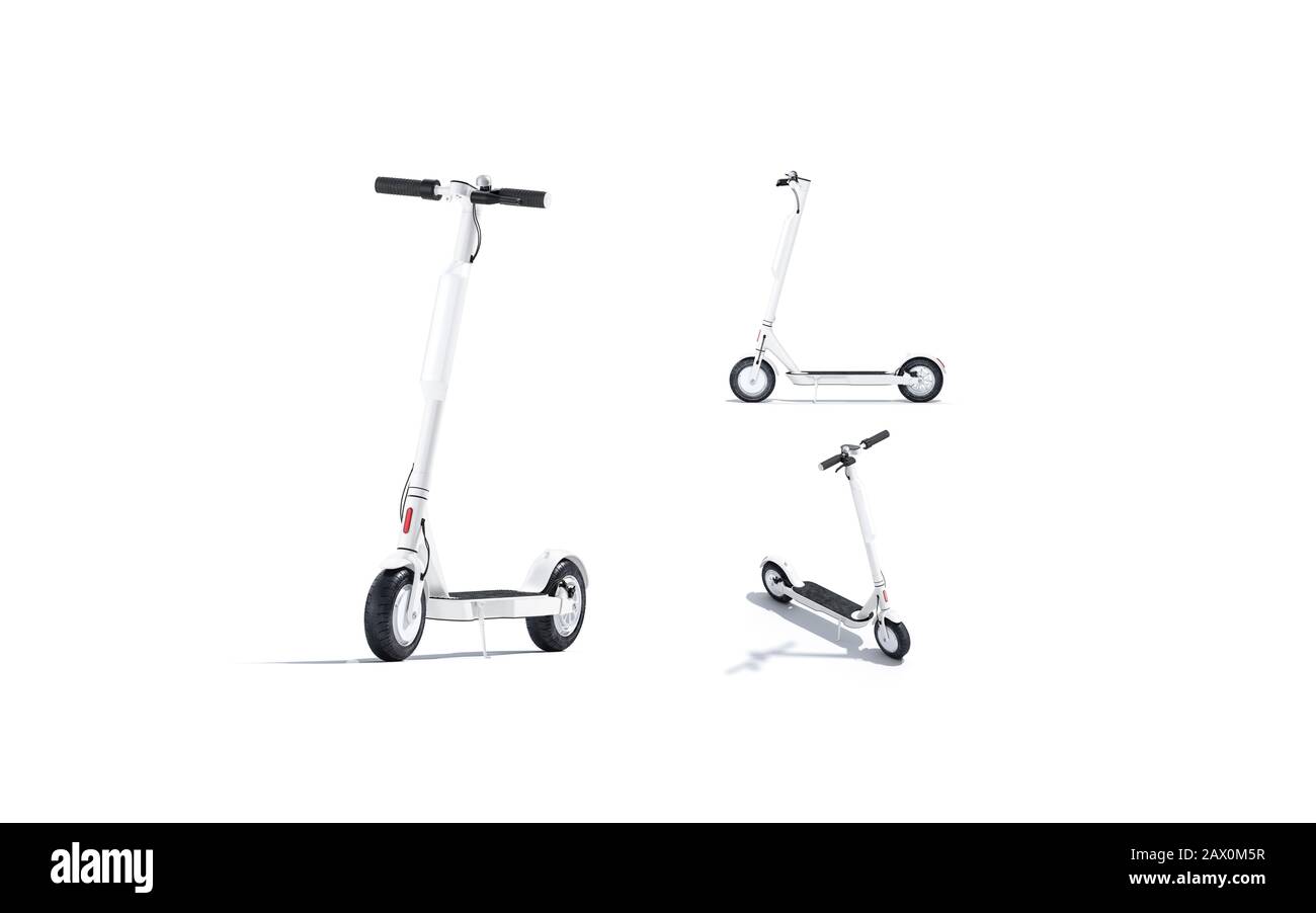 Blank white electric scooter with banner mockup, different views Stock Photo