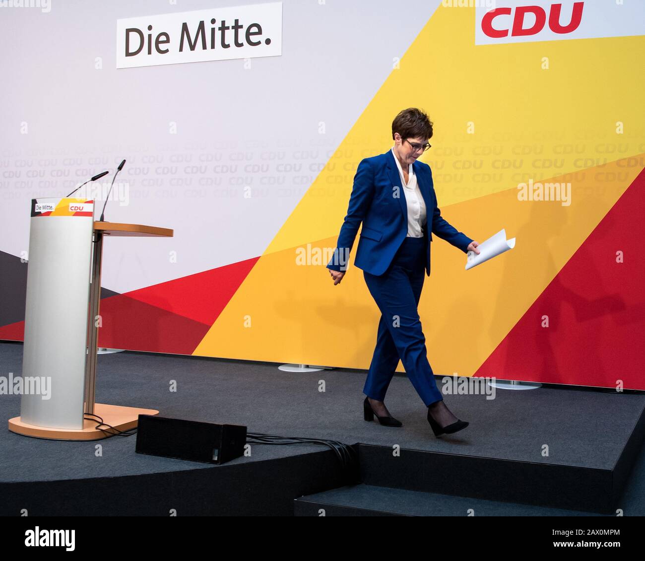 Berlin, Germany. 10th Feb, 2020. Annegret Kramp-Karrenbauer, chairwoman of the CDU, leaves a press conference after the CDU committee meetings in the Konrad-Adenauer-Haus. At today's meeting of the CDU presidium, the CDU leader announced that she will not run for chancellorship. (Repetition with different excerpt) Credit: Bernd von Jutrczenka/dpa/Alamy Live News Stock Photo