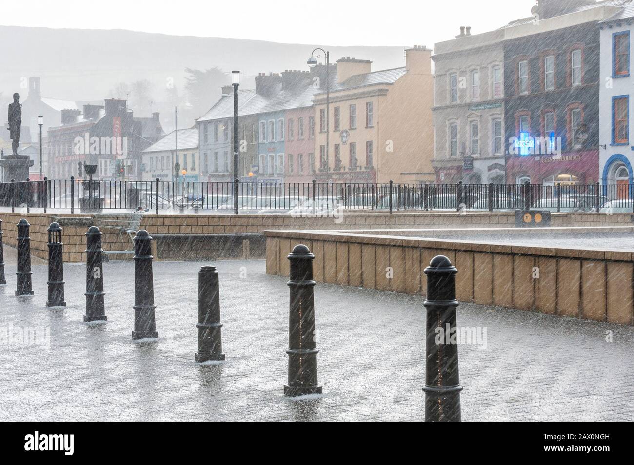 Bantry, West Cork, Ireland. 10th Feb, 2020. A deserted Bantry Town Square during the thunder, lightning and hail storm which caused the town's electricity supply to fail for a short time today. Credit: Andy Gibson/Alamy Live News Stock Photo