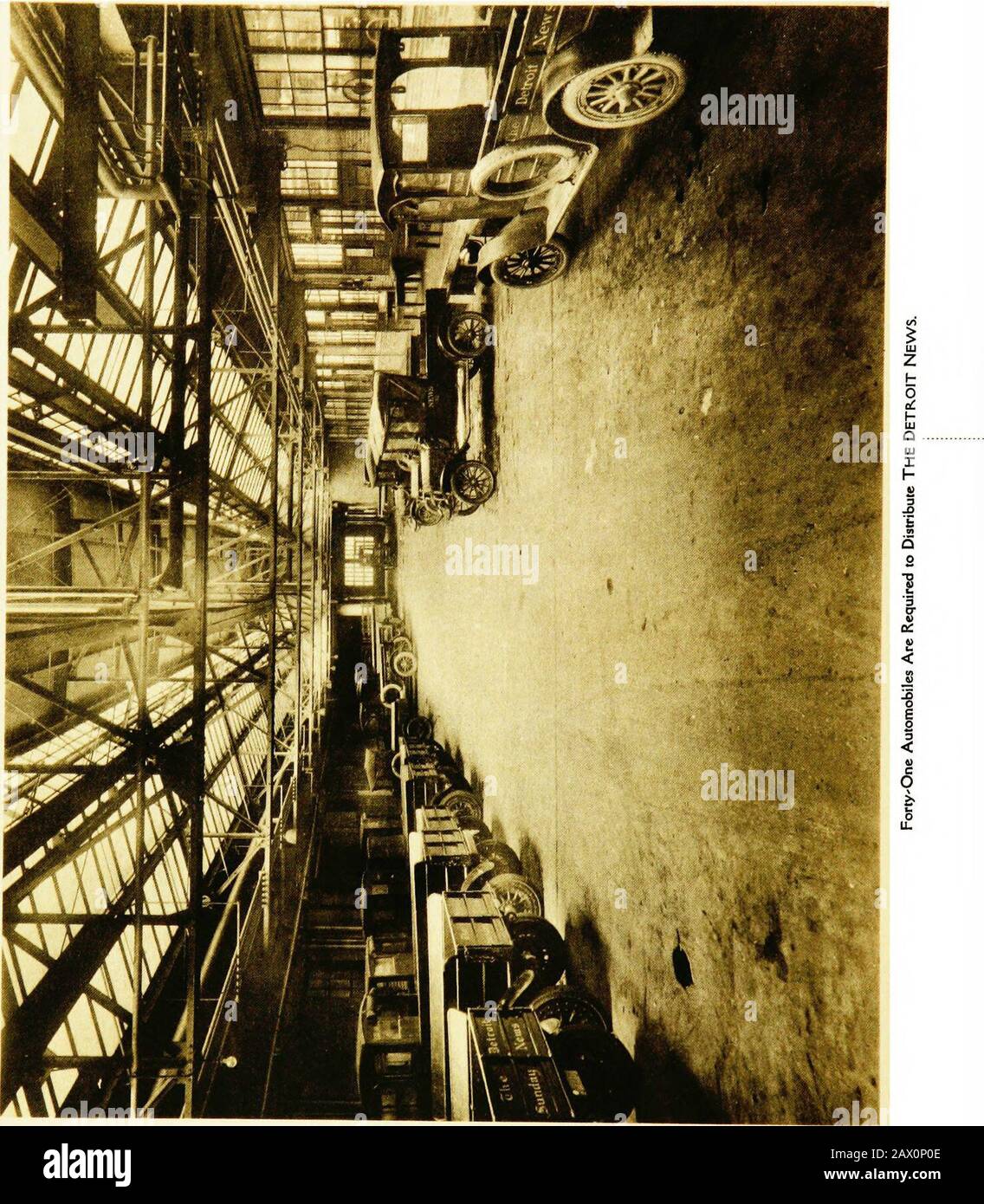 The Detroit news: eighteen hundred and seventy-three, nineteen hundred and seventeen, a record of progress: . E 8 Of I c O. The Mailing and Shipping Rooms. 87 the steel mailing room tables, where also aire twine reels and disappearing pastepots. Daily the mailing room requires two hundred and fifty mail bags, butSundays the bulk of the newspaper sends the number up to about five hundred. Transportation charges for Sunday editions are not a matter to be sniffed at,for the total number of pages of one issue averages about fifteen million, and theweight runs close to a quairter of a million pound Stock Photo