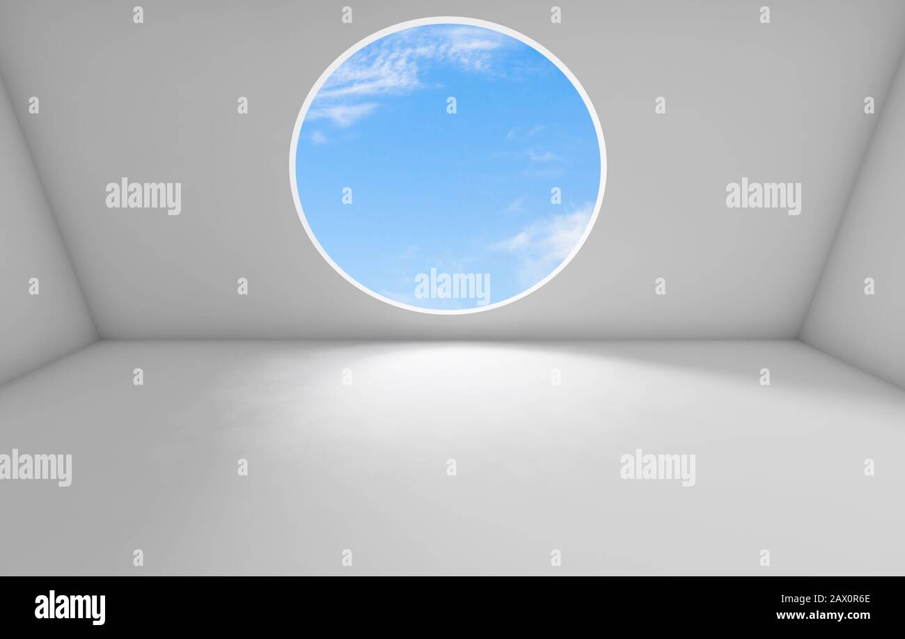 Abstract white interior background, empty room with round window in ...