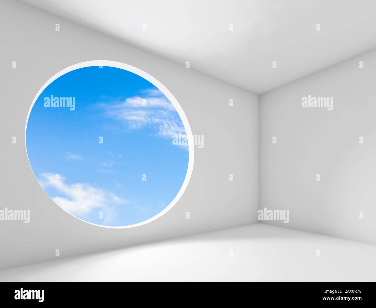 Abstract blank white interior, empty room with round window. CG ...