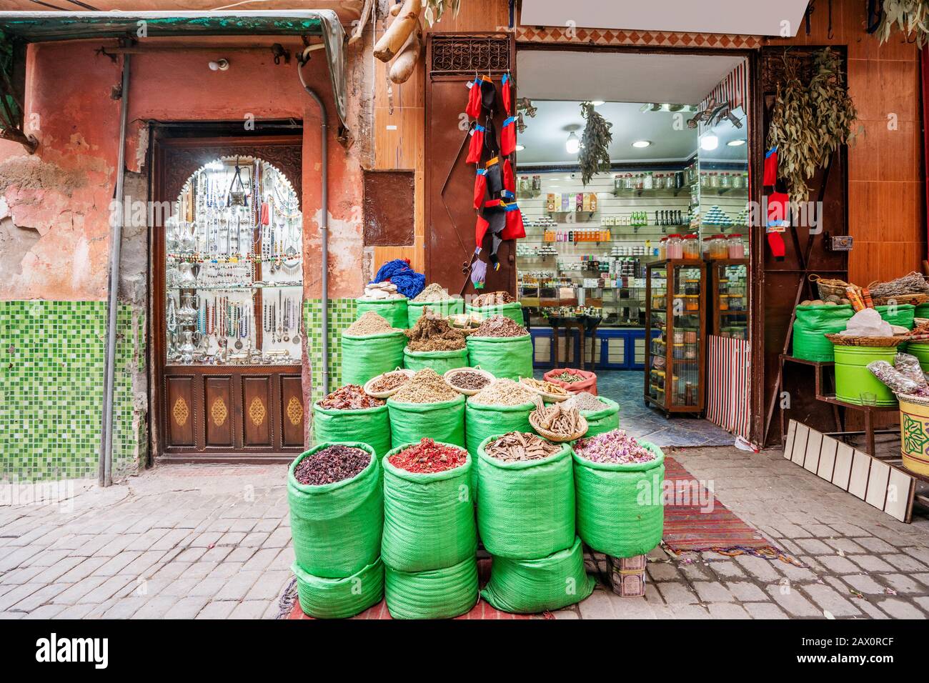 Plenty of spices in front of shop in medina of Marrakech, Morocco Stock Photo
