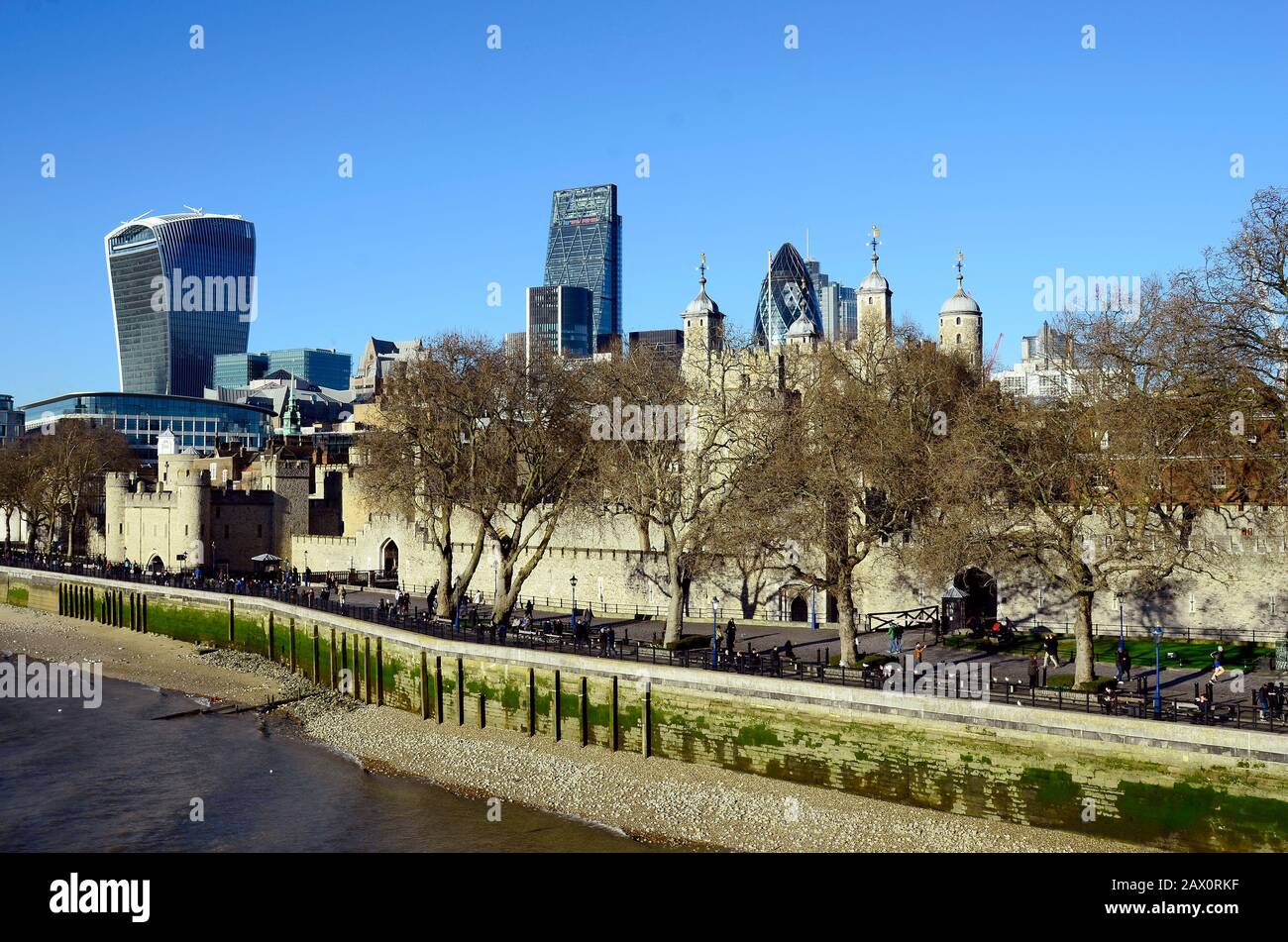 Great Britain, London, Tower of London and The Gherkin, Cheese Grater and Sky garden buildings behind Stock Photo